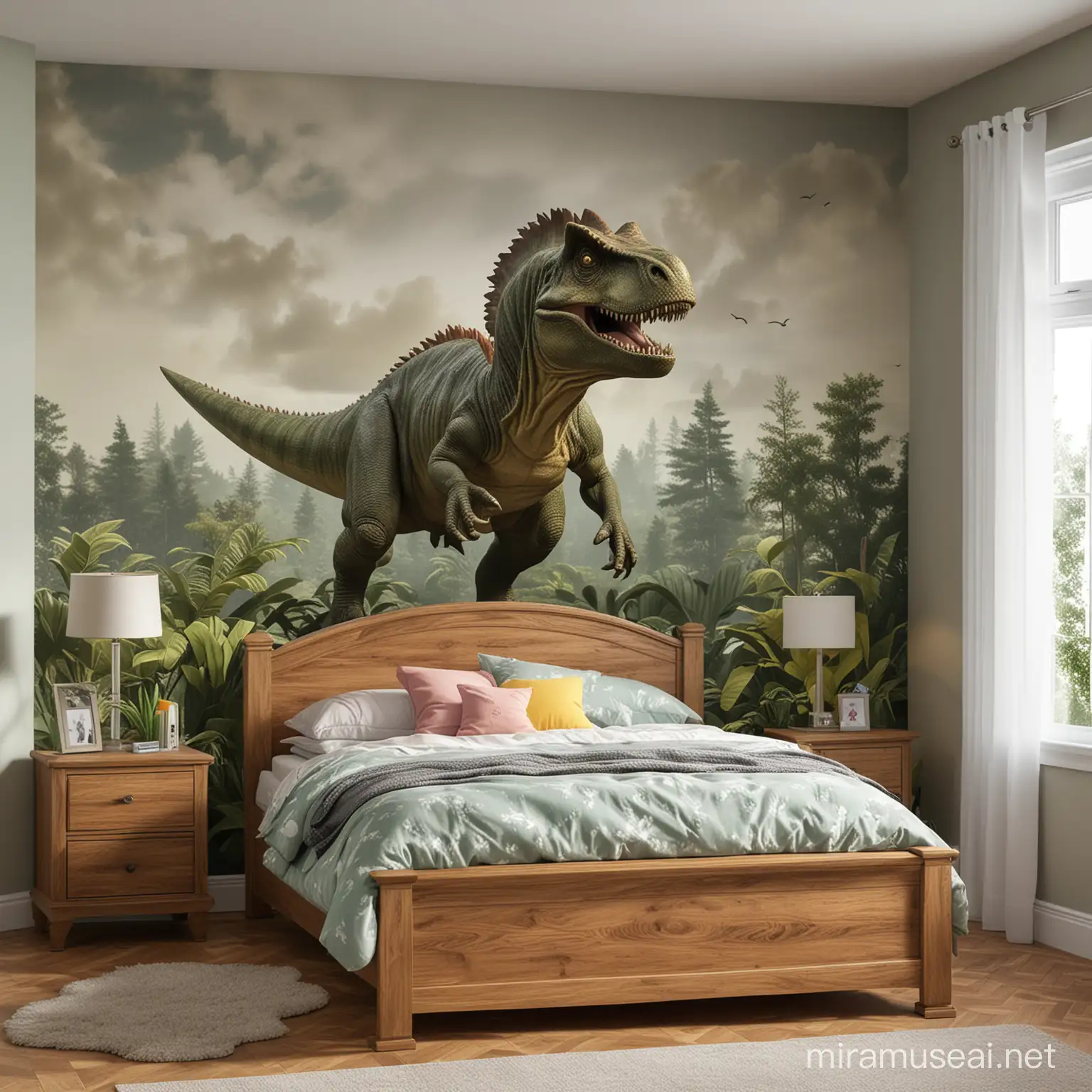 Create a  realistic photo of a child's bedroom where the bed is shaped like a dinasour