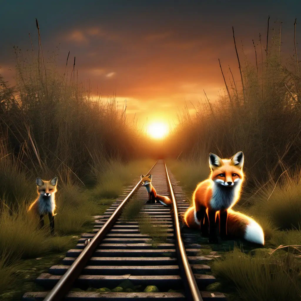 Rugged Overgrown Sunset Landscape with Abandoned Trainline and Fox