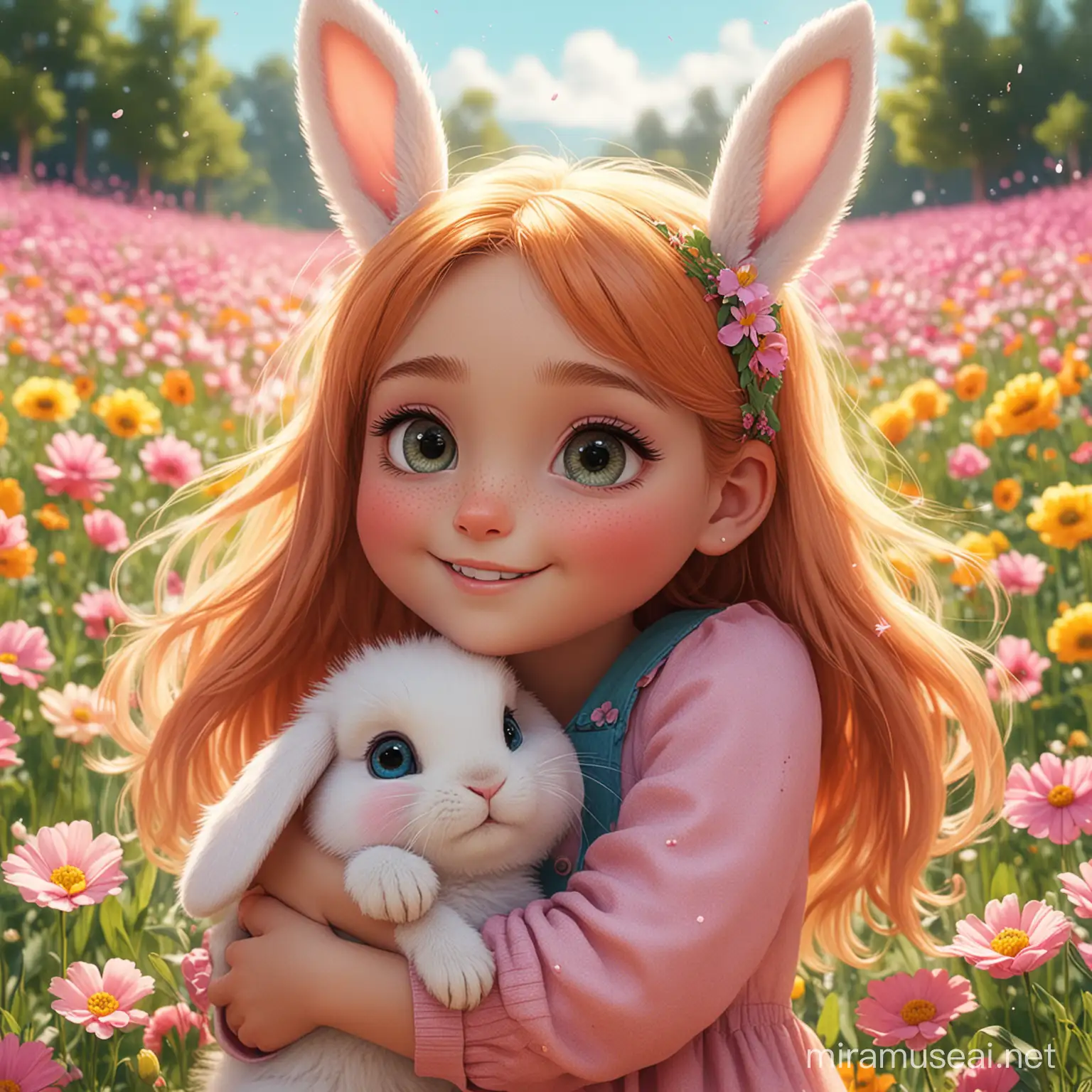 Joyful Reunion Cute Bunny Cecilia and Friend Embrace in Colorful Flower Field