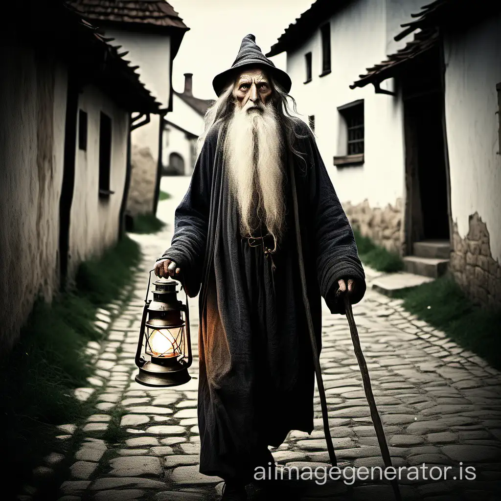 a very old unsettling man with a very long white beard, poor, tall, holding a lantern and walking in a street in a medieval village