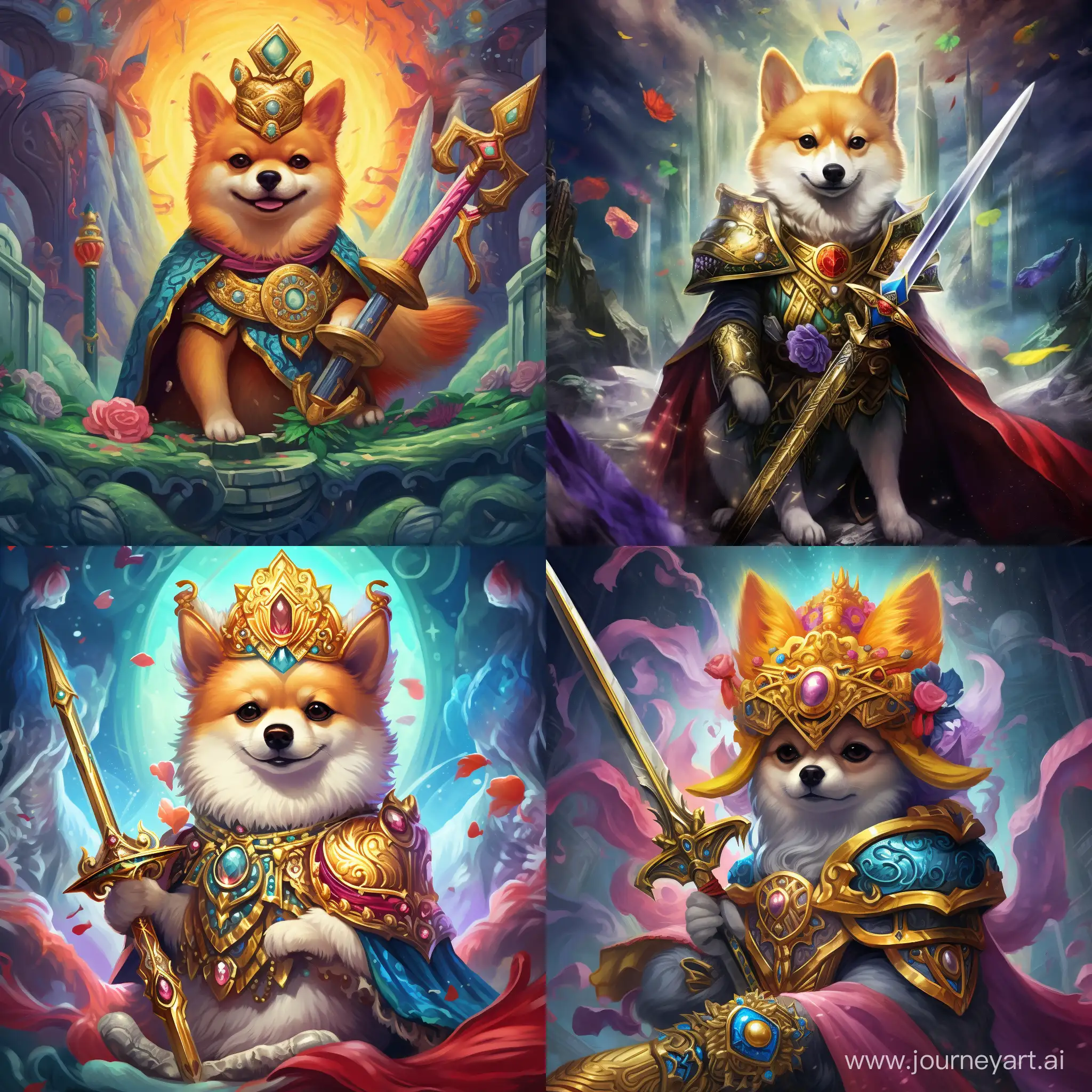 colorful doge carries a sword and wears a crown