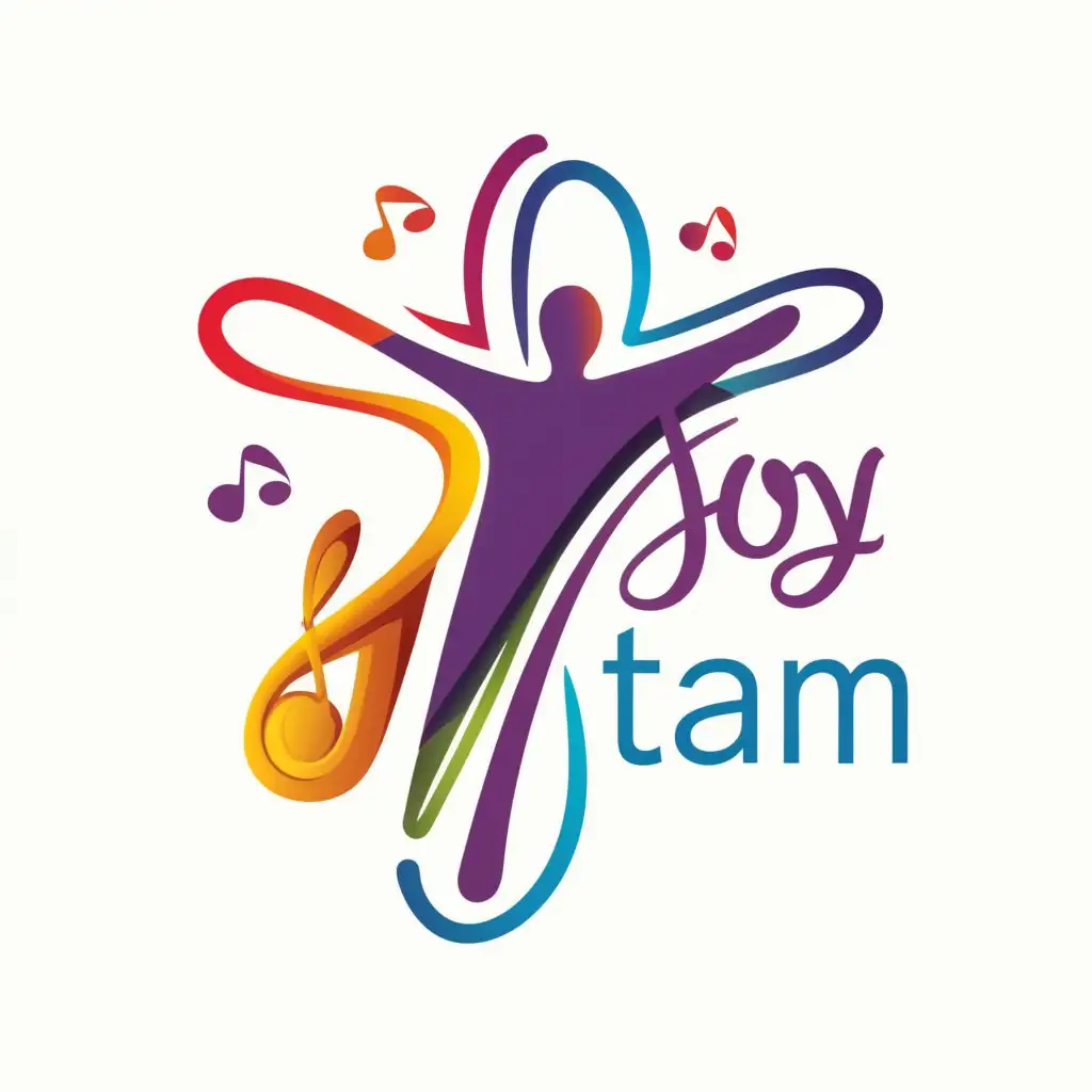 a logo design,with the text "Joy Team", main symbol:Cross, Joyful man, music note,complex,clear background