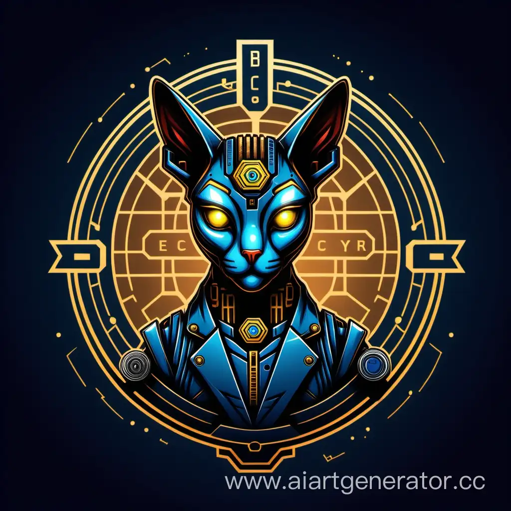 create me a vector cyberpunk-style logo for a cryptocurrency bot. An iron sphinx robot cat with a blockchain sign in its forehead should be depicted