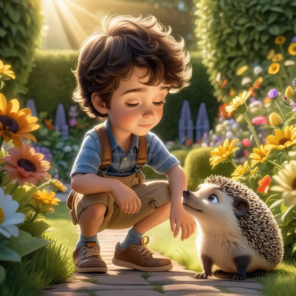 ein kleiner 3 Jahre alter Prinz mit dunkelbraunen Haaren und großen süßen Kulleraugen spielt in einem schönen Garten wobei er einen kleinen Igel betrachtet, Mittelalter, im Hintergrund sieht man einen schönen Blumengarten, die Mittagsonne strahlt in einem angenehmen Licht, Pixar