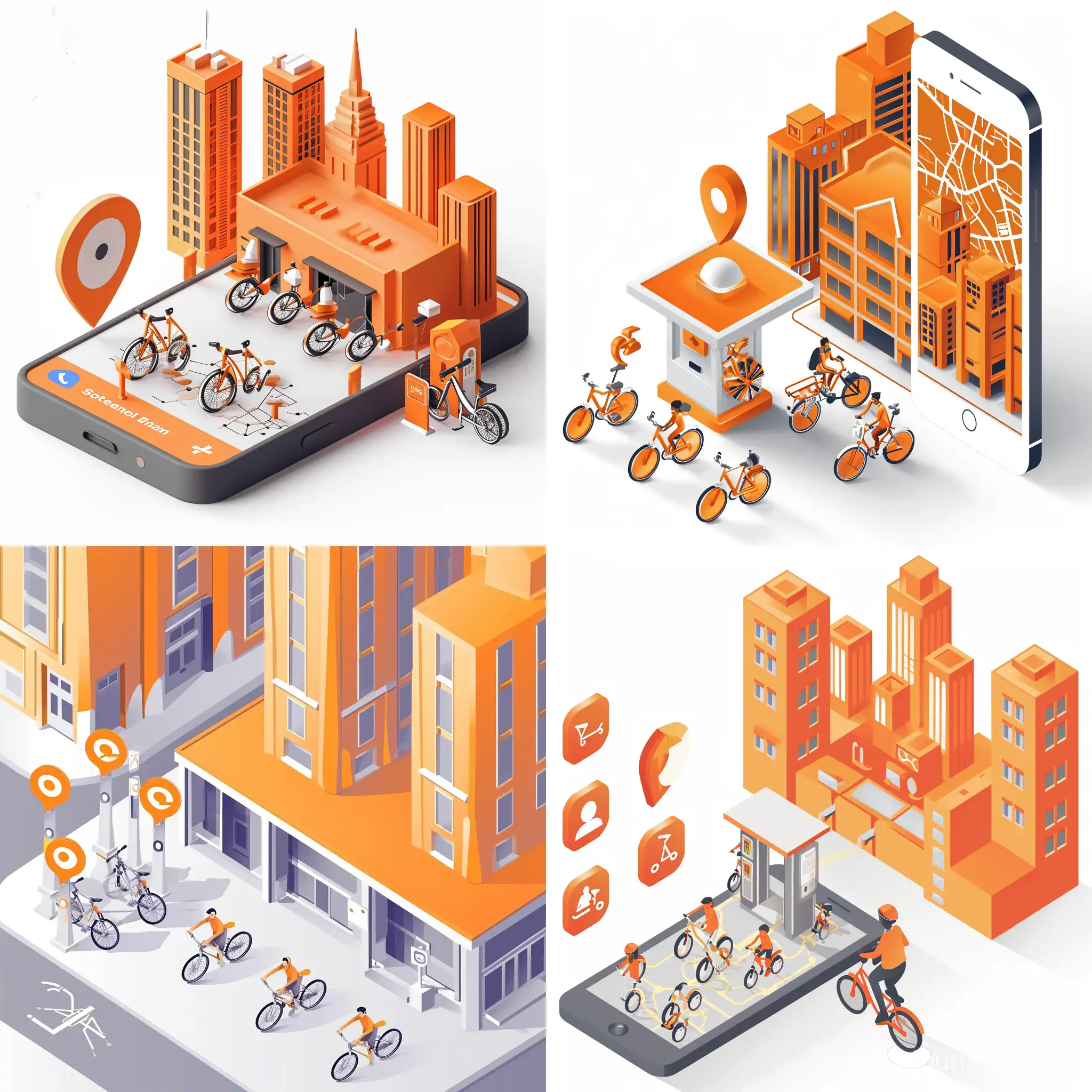 A bike rental station inside the university on the left side of the mobile image with the location icon in map city and the image wide and tall orange buildings and high-altitude image. 5 bicycles should be parked at the station and one bicycle should be ridden by a student