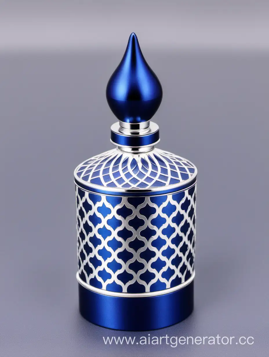 Luxurious-Zamac-Perfume-Bottle-with-Arabesque-Pattern-in-Shiny-Dark-Blue-and-Matt-White
