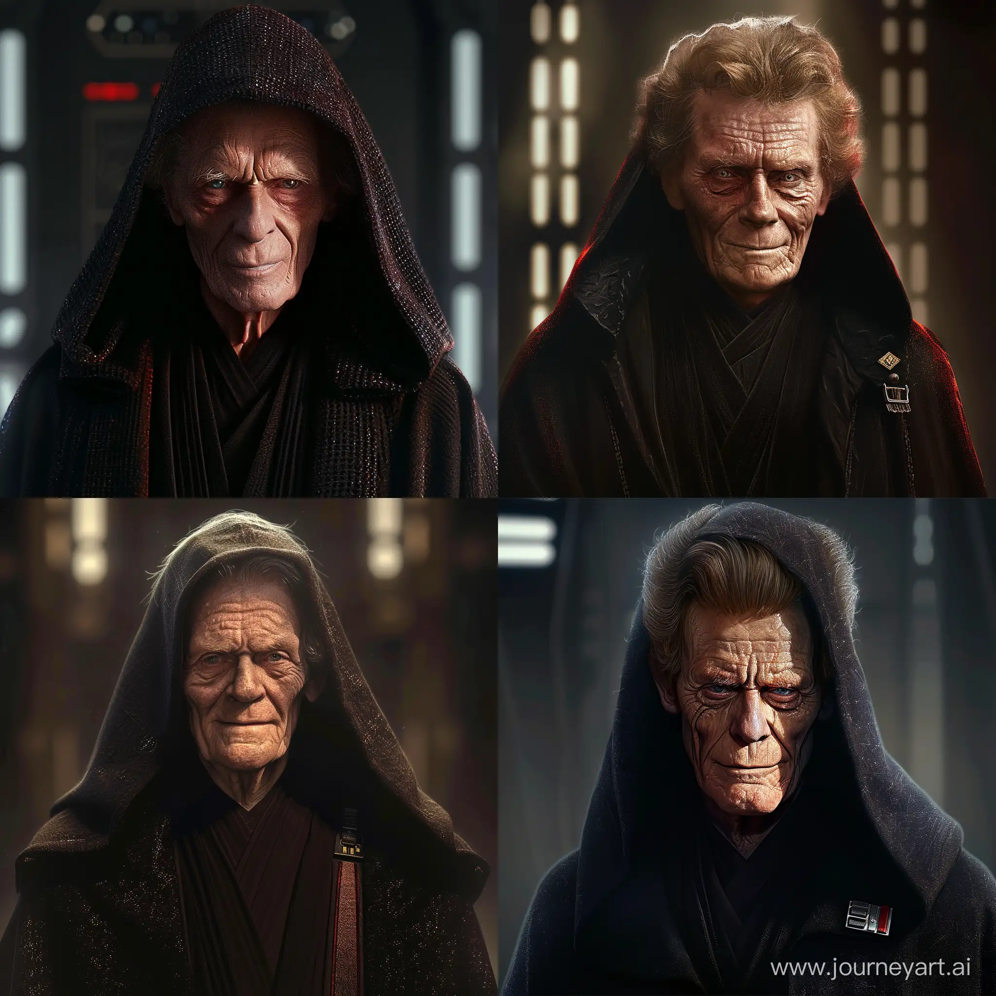 Generate an image featuring Willem Dafoe in the role of Chancellor Palpatine from Star Wars. Ensure that the depiction of Chancellor Palpatine clearly resembles Willem Dafoe, incorporating his distinctive facial features. Emphasize the cunning and manipulative nature of Palpatine, with Dafoe capturing the character's sly demeanor. Pay attention to the details of Palpatine's political attire and ensure that Willem Dafoe brings his unique presence to the role, creating an image that combines the actor's recognizable appearance with the dark essence of the Sith Lord.