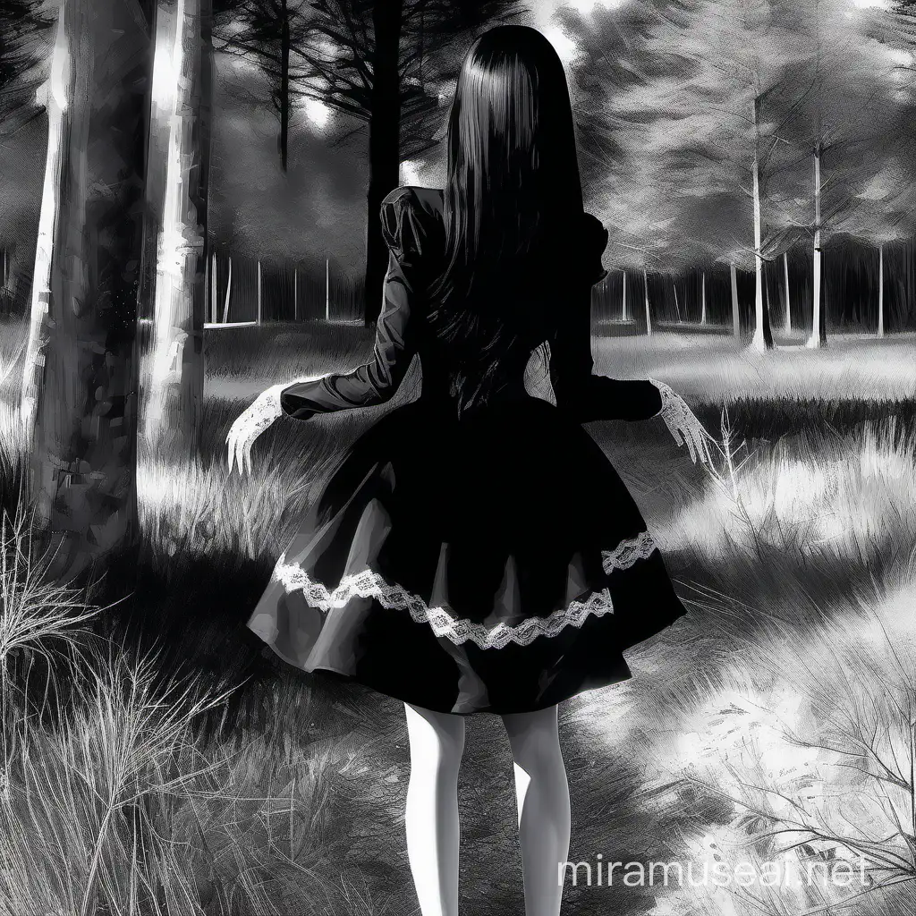Ethereal Night Hyperrealistic Girl in Black Latex Outfit Amidst Dark Forest