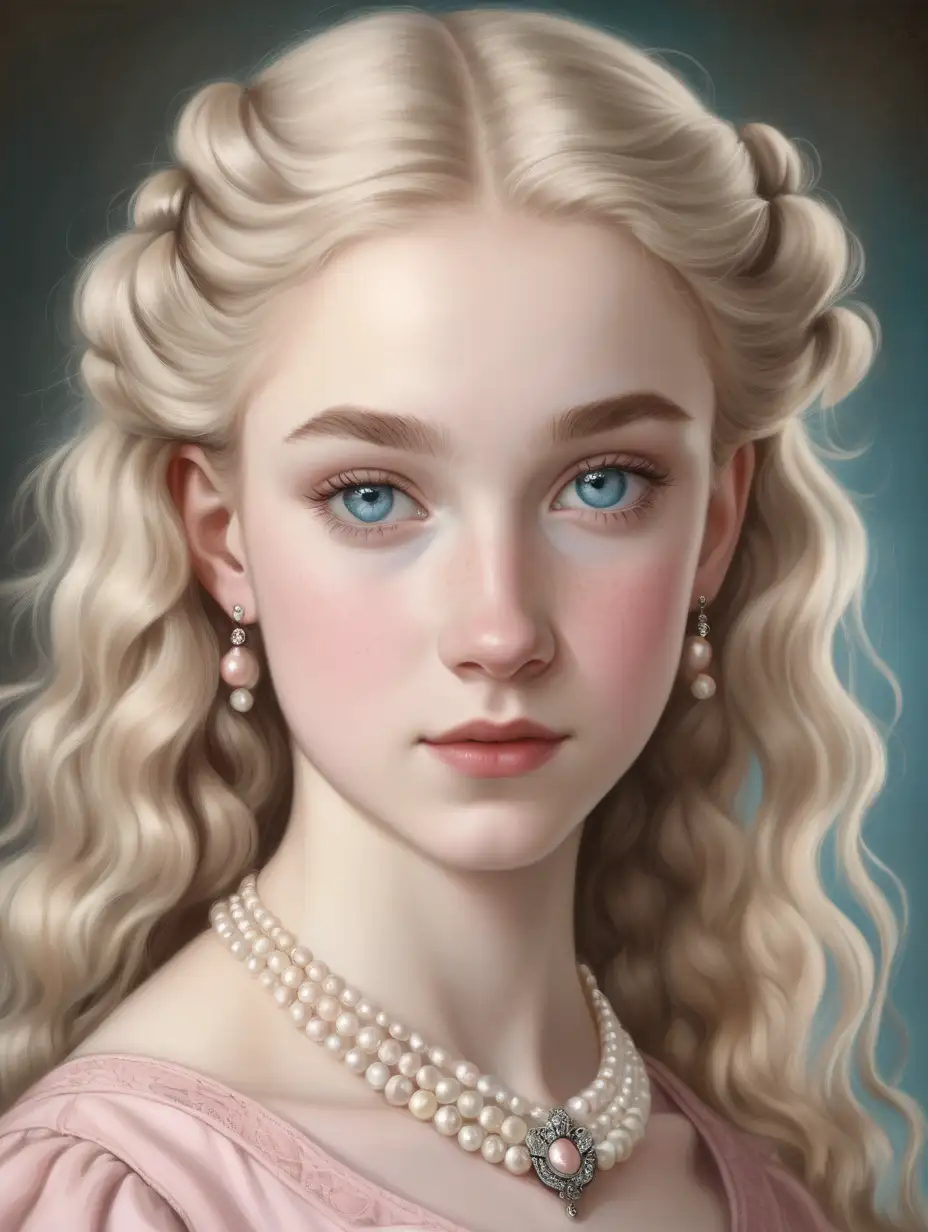 A young Victorian woman in her late teens, white blonde hair that is wavy, pale skin, freckles across her nose and cheeks. Cheeks are round. Light blue eyes, strong eyebrows, confident look. Wearing pearl earrings and necklace. Ballerina dress in pink.