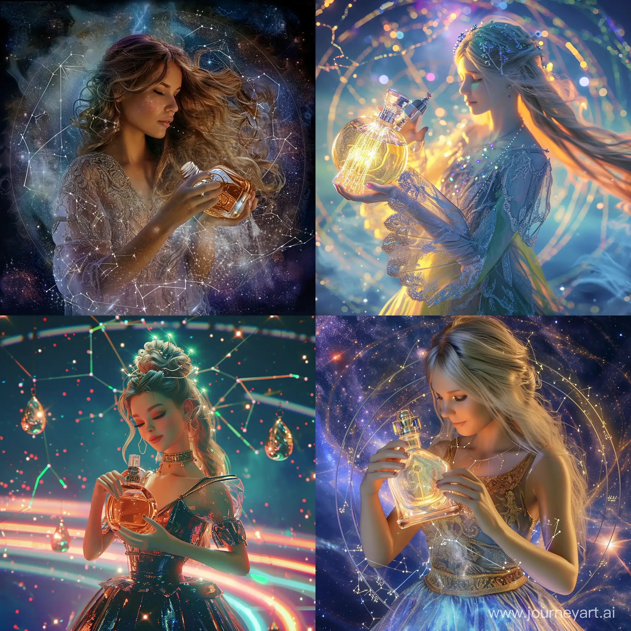 constellation Cancer, holding a bottle of perfume in her hands! graceful figure, clarity and detail of the 8K Ultra HD image, otherworldly charm, depth of space and a stunning full-color image of the background of the zodiac circle of constellations, slightly flickering and iridescent, magical and mystical, detailed and photorealistic
