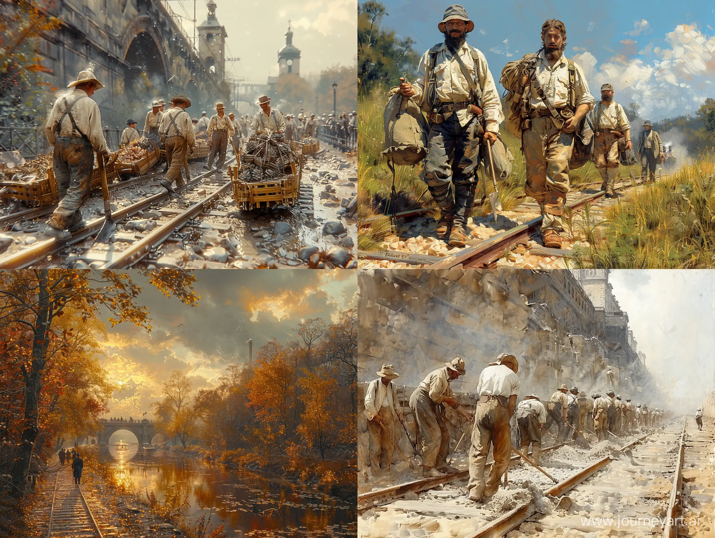  realistic art Railway workers  in 1845 doing their daily work on the railway in normal conditions, with realistic and precise details in a beautiful and harmonious image with professional effects, background blur, precise details and creativity highly detailed --style raw --stylize 750
