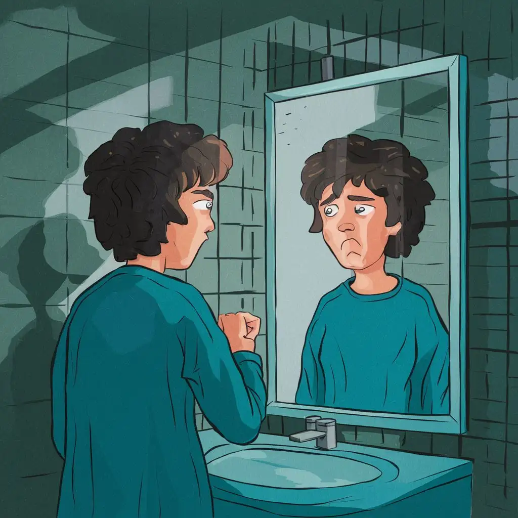 Confused Individual Examining Reflection in Bathroom Mirror