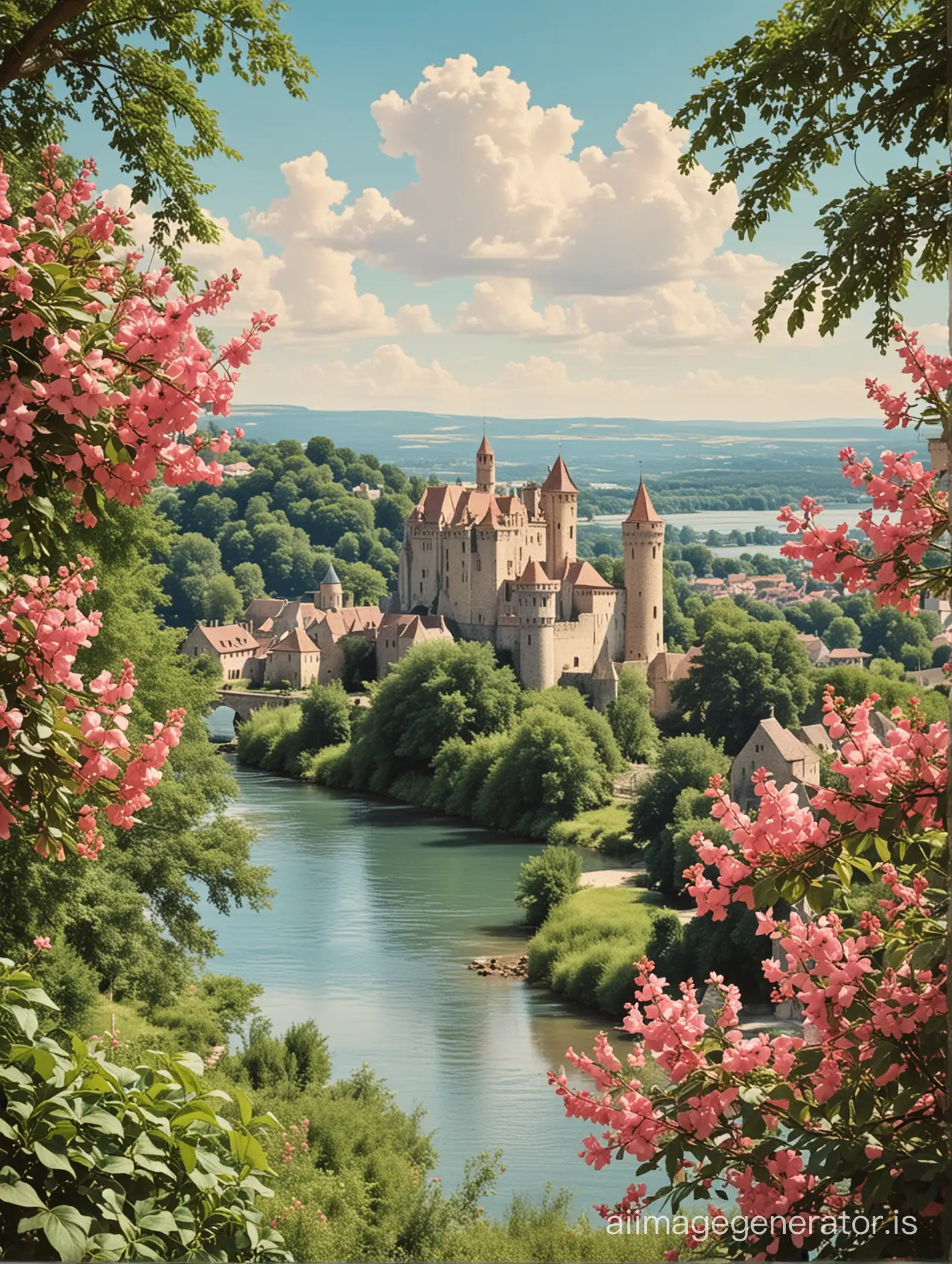 postcard, old-fashioned style, small medieval castle scene, summer, blue river, with medieval city in distance, pink bourgainvillier