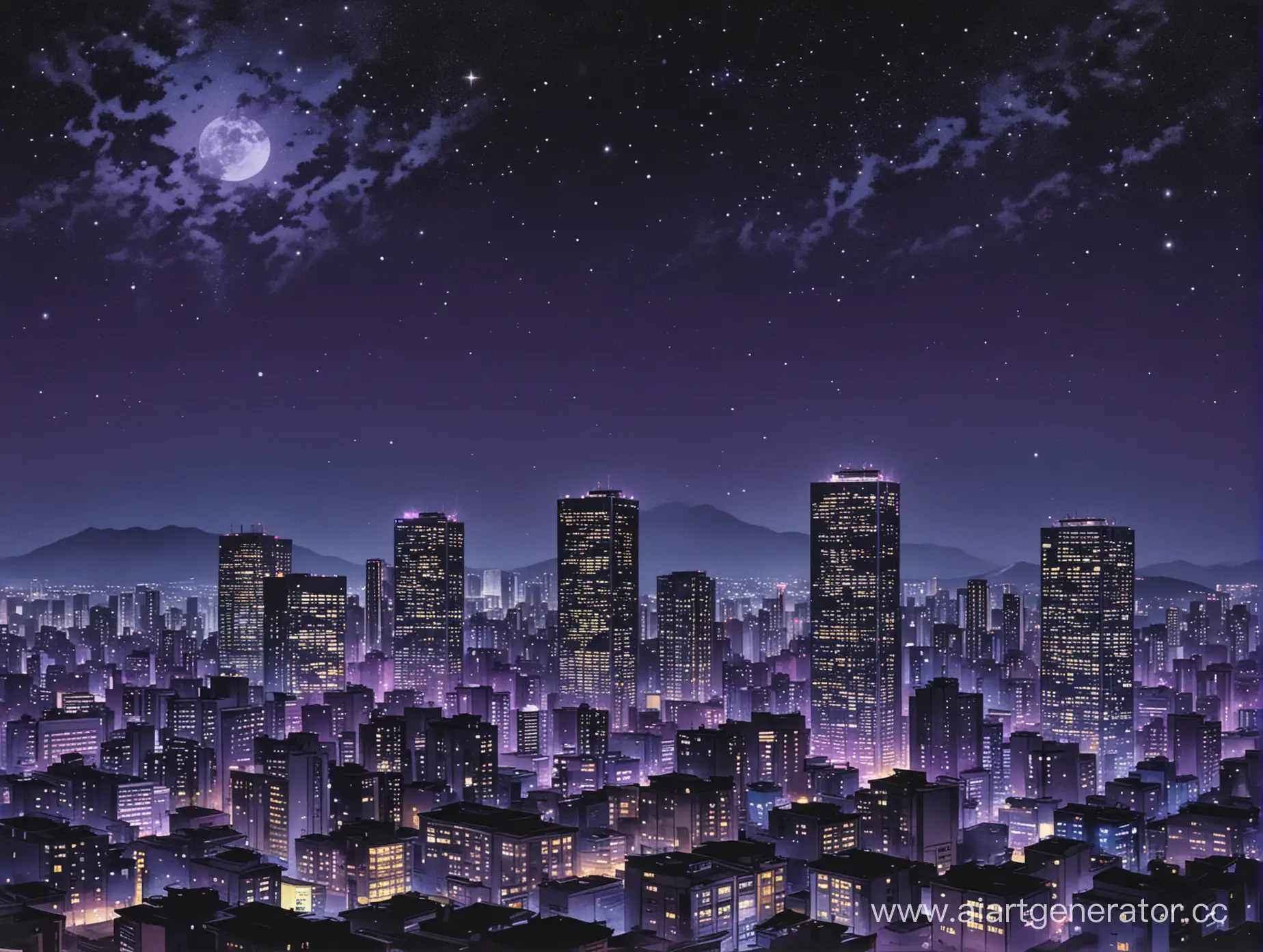 Japanese high-rise buildings in the moonlight, a bright starry sky of purple black yellow blue colors