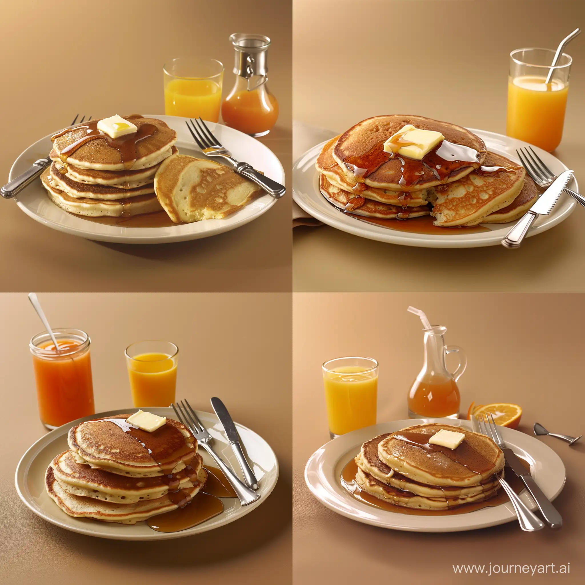  A photo of a plate of pancakes with butter and syrup, a glass of orange juice, and a fork and knife on the side. The background is a solid color. The image is well-lit and the colors are vibrant. The pancakes are fluffy and look delicious. The syrup is thick and gooey. The orange juice is fresh and looks refreshing. The fork and knife are made of stainless steel and are shiny. The plate is white and is round. The background is a solid light brown color. The image is taken from a slightly elevated angle. --v 6 --ar 1:1 --no 29333