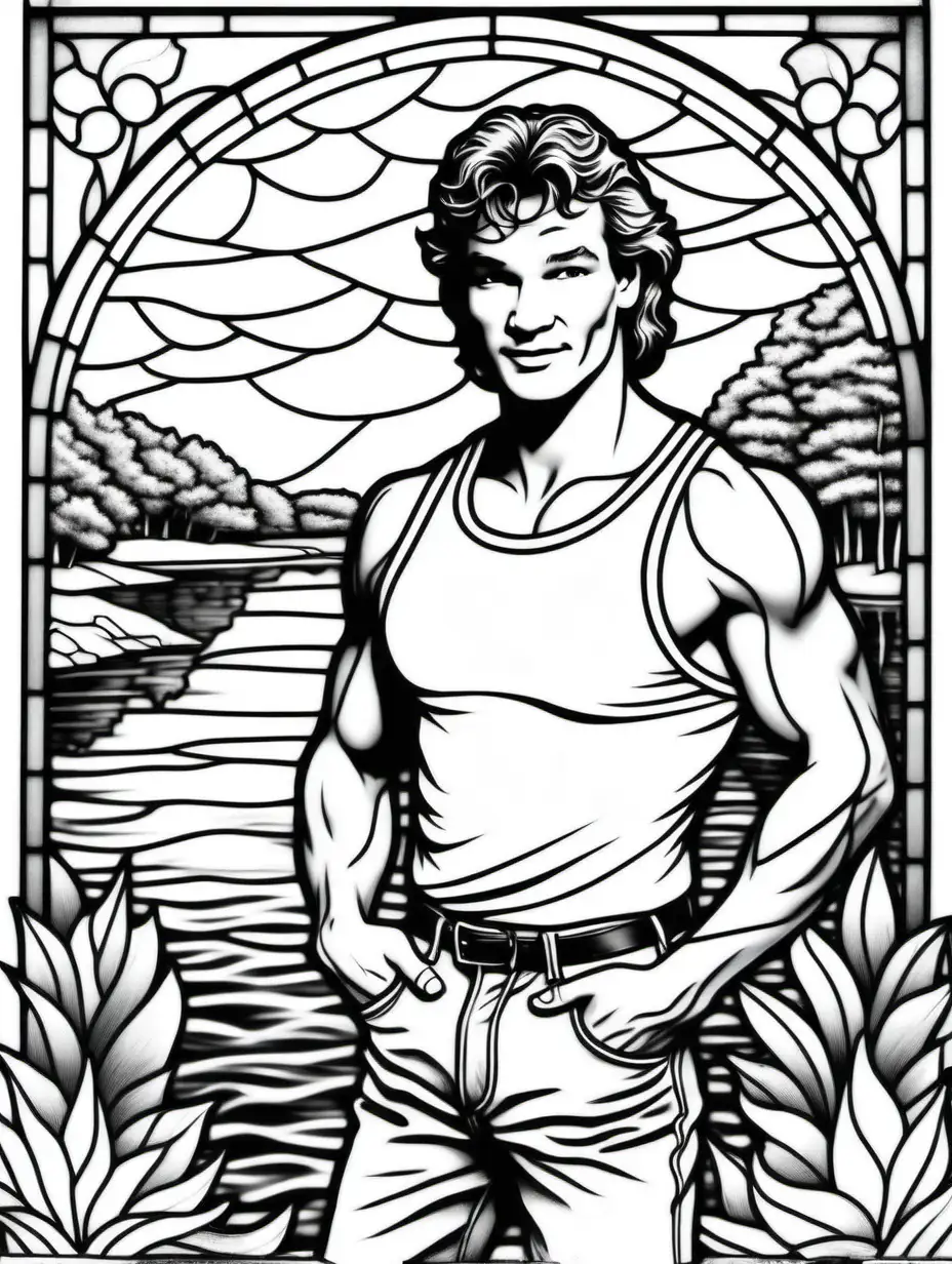 adult coloring page, clean black and white, white background, stained glass with lake  theme, patrick swayze in dirty dancing, tank top  --no nipples