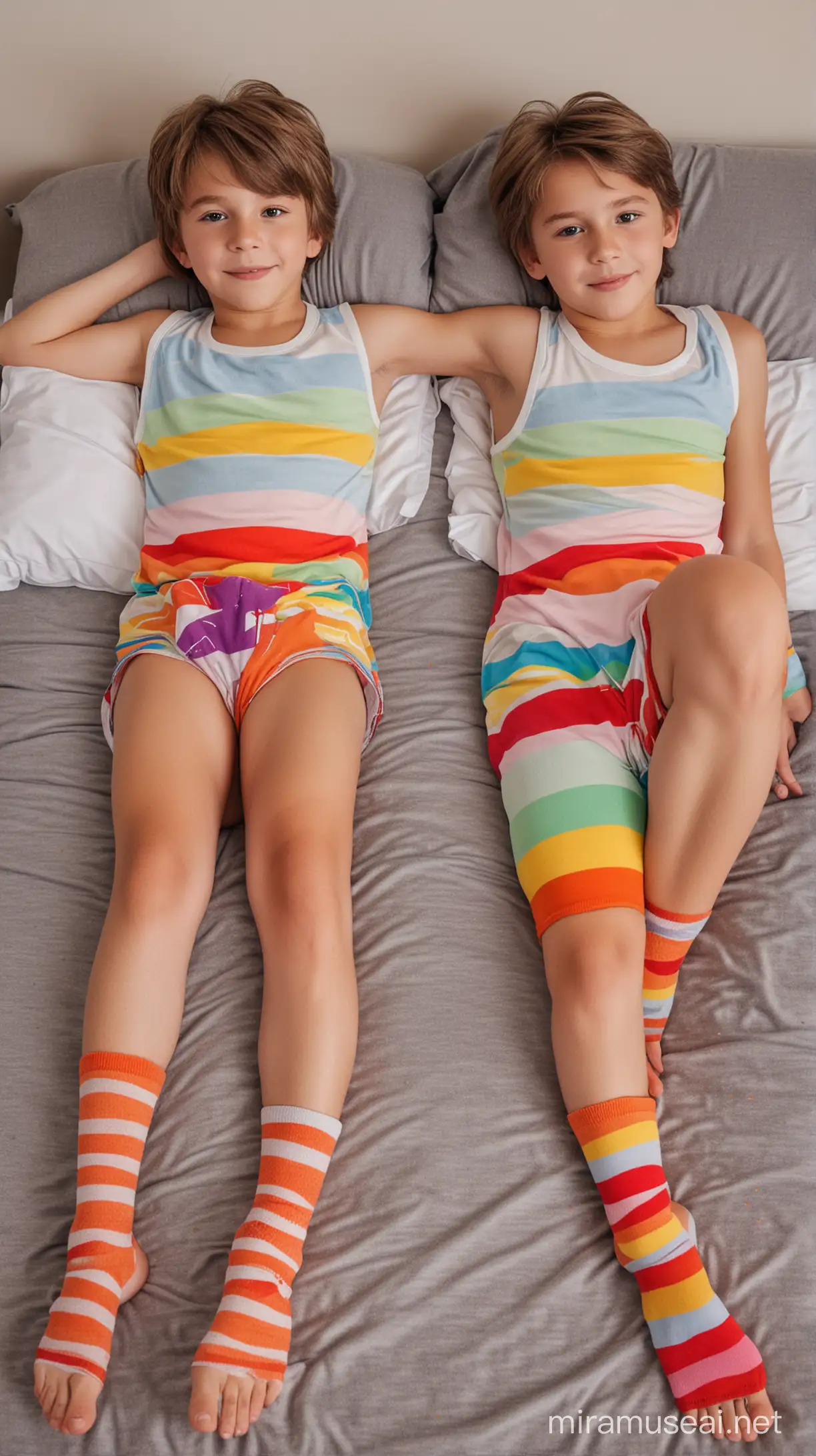 two cute beautiful handsome 13 years olds boys ,  sleeveless onesie , long socks ,  rainbow short , slightly plump body , They raise their feet up, lying in Sex bed , thighs , legs , high quality , Medium length hair , hot , tanned skin 