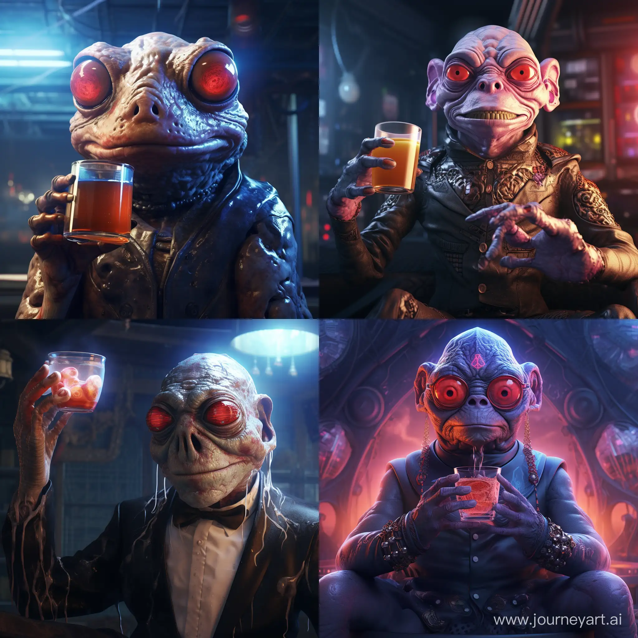 Evil demonic AI god Satanic frog holding a glass of milk above a human brain, super advanced technology, futuristic, hyper digital background, extremely detailed and realistic, ominous and eery.