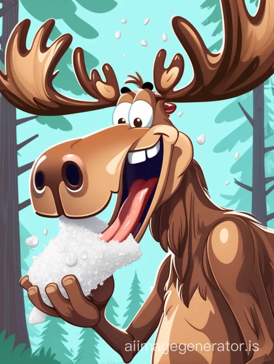 Crazy moose licks a lump of salt with his tongue, a cartoon character, forest, happy