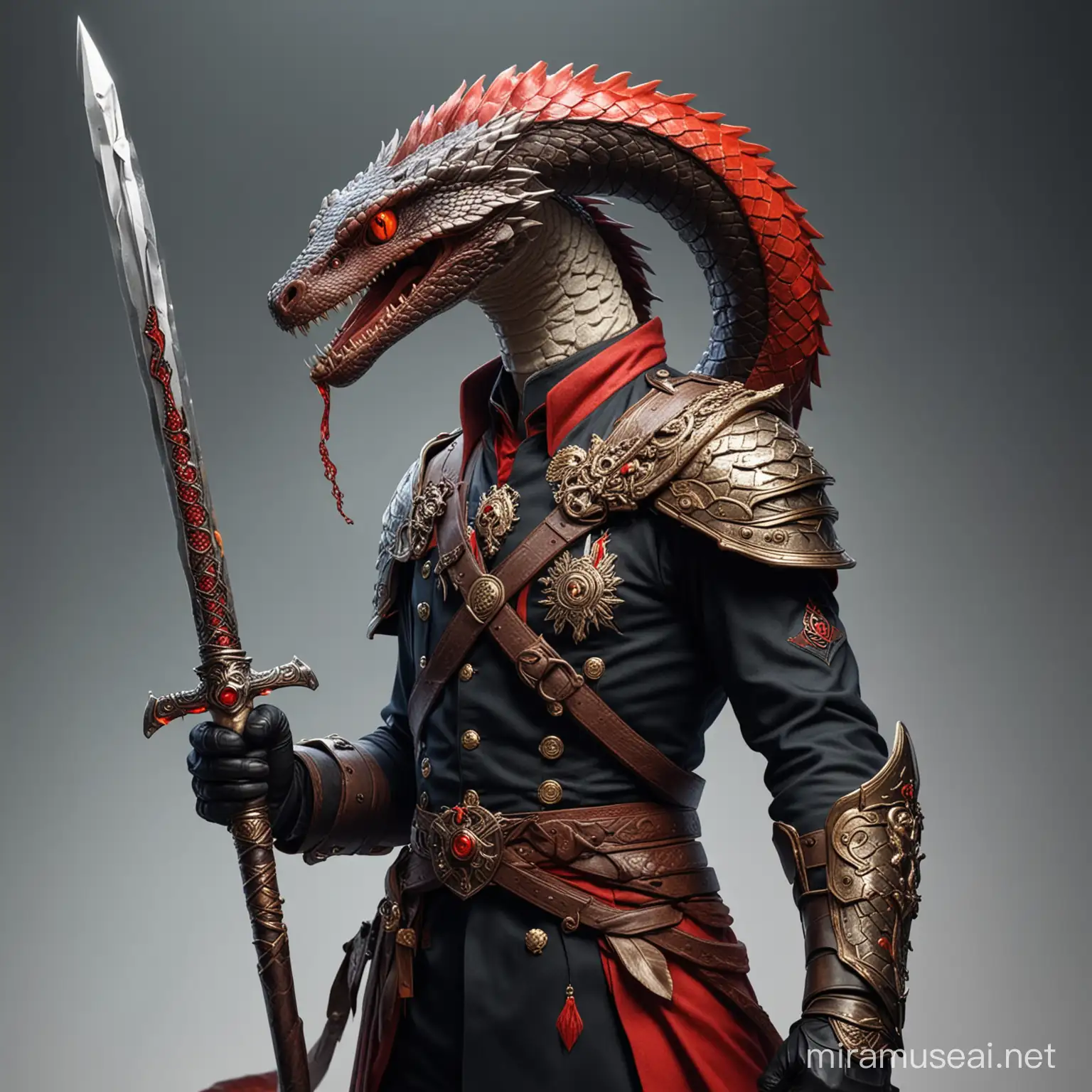 human, snake head, snake tail, red scales, long snout, magic sword with a organe eye on the hilt, military uniform.