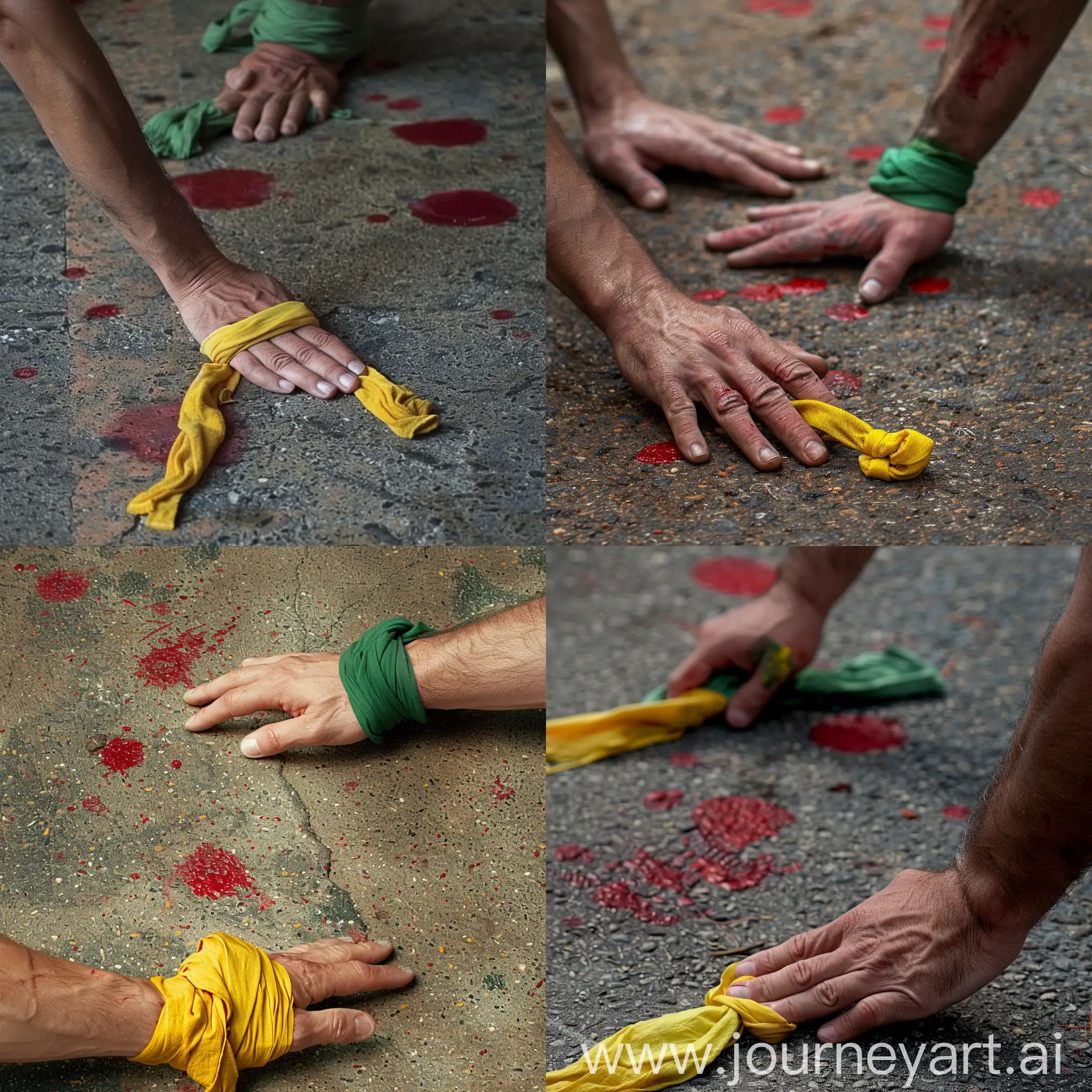On the asphalt floor, at the bottom there is a man's hand at the joint with a yellow cloth band tied, at the top there is another man's hand with a green cloth band tied at the joint.  On the ground there are red spots.