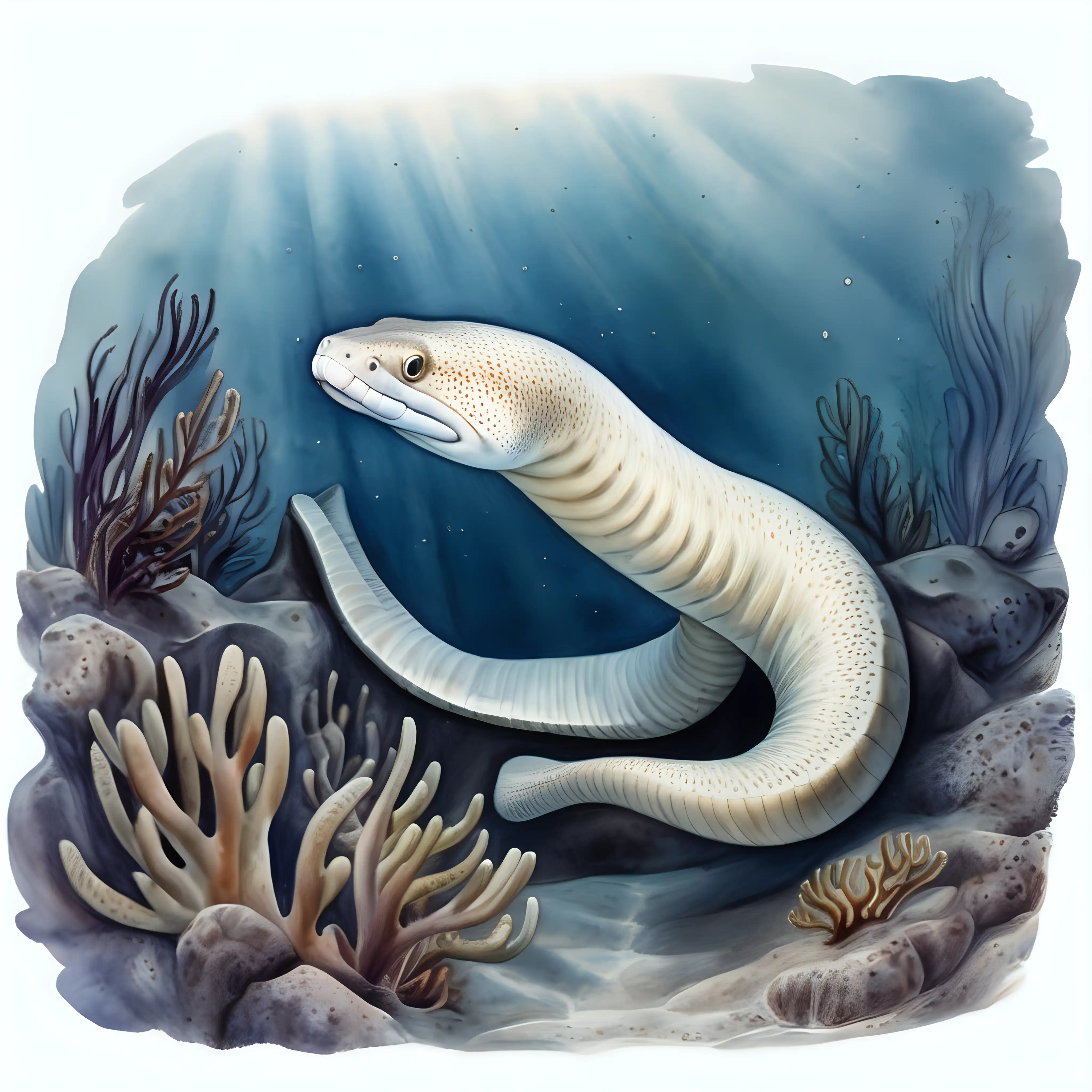 Graceful White Moray Eel in Dark Watercolor