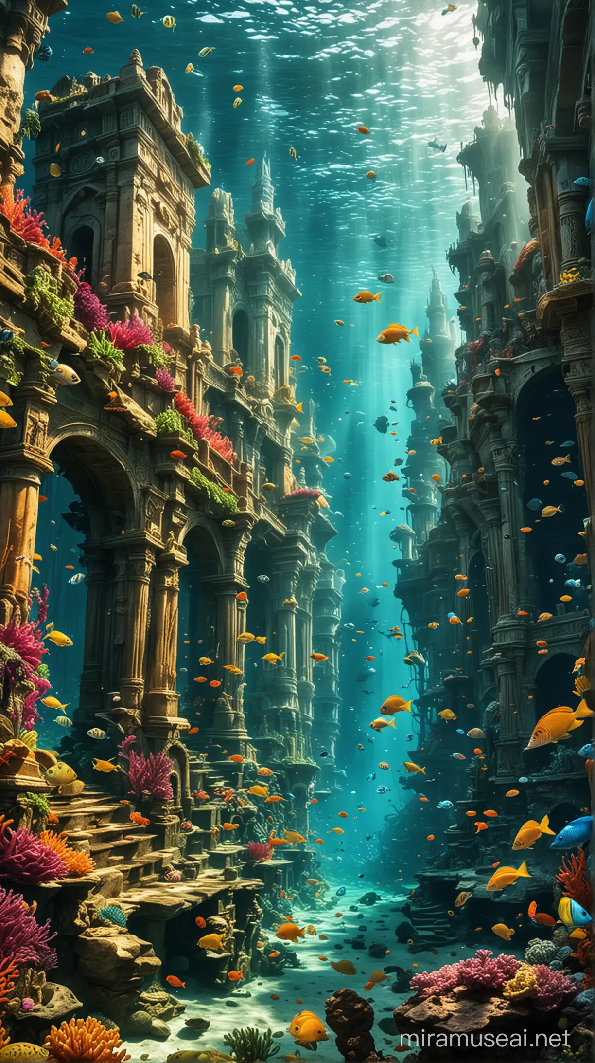 the lost city of Atlantis underwater full of fish colorful , lively 