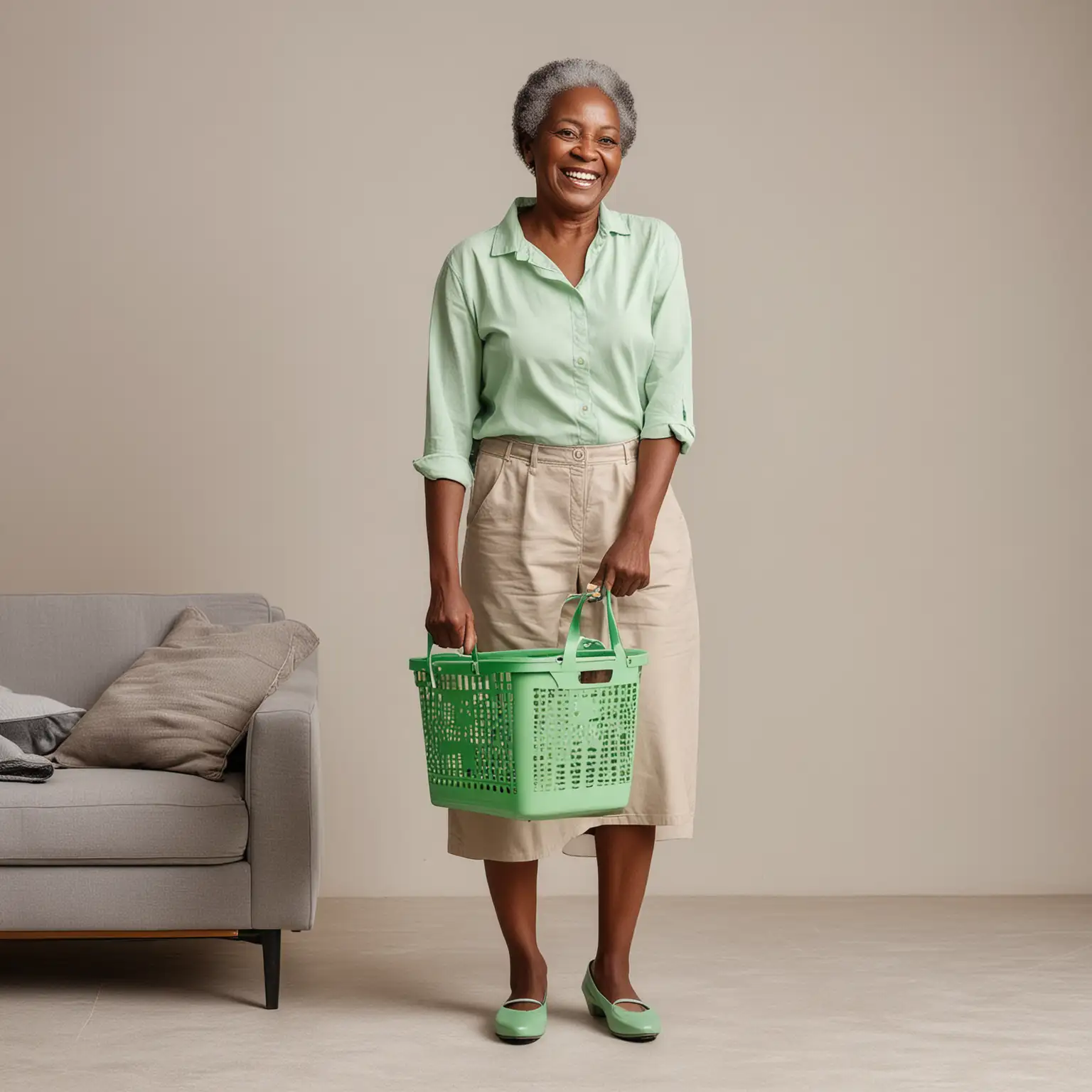 Smiling elderly African woman standing  holding small green plastic laundry basket with both hands. Standing in neat flat shoes side profile