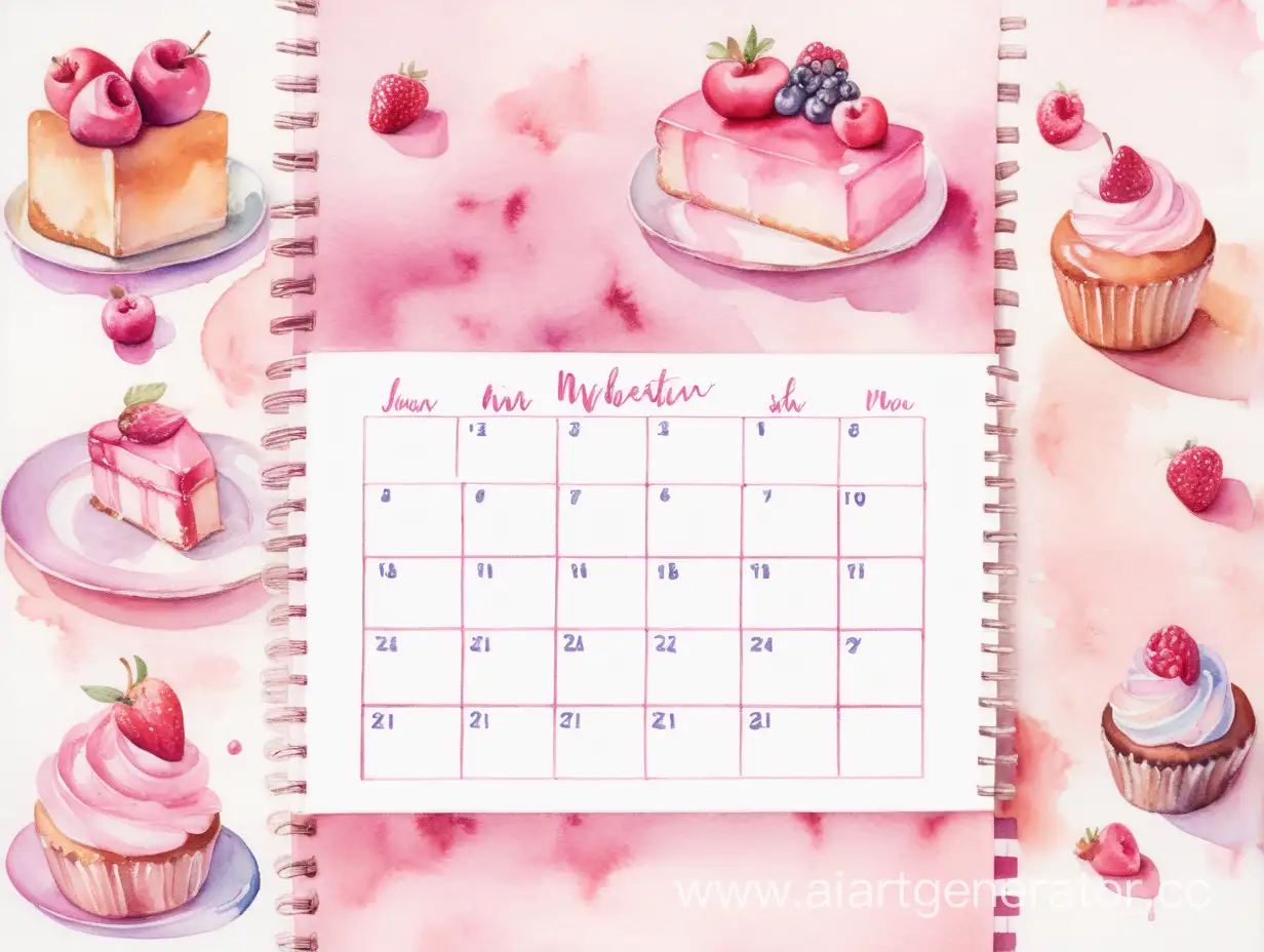 Пустой Лист календаря без цифр в нежно розовых оттенках, окружённый со всех сторон нежными десертами, нарисованный акварелью 