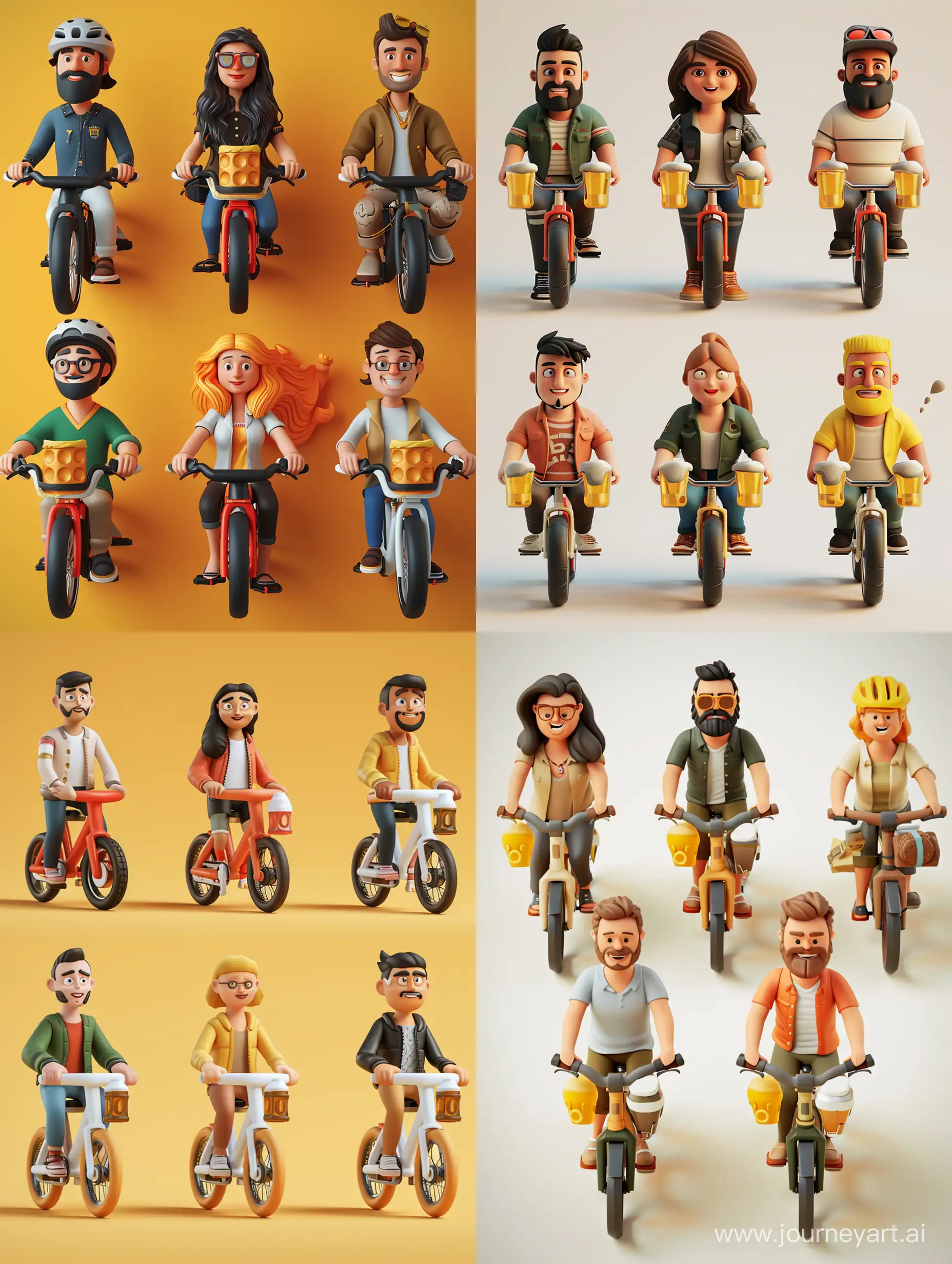 Создайте 3D-иллюстрацию из 6 персонажей, 4 персонажа мужского пола ,2 персонажа женского пола.Один персонаж женского пола брюнетка другой персонаж женского пола блондинка.Все персонажи одеты в одежду супергероев фильма «мстители». Все персонажи на велосипедах с пивом.