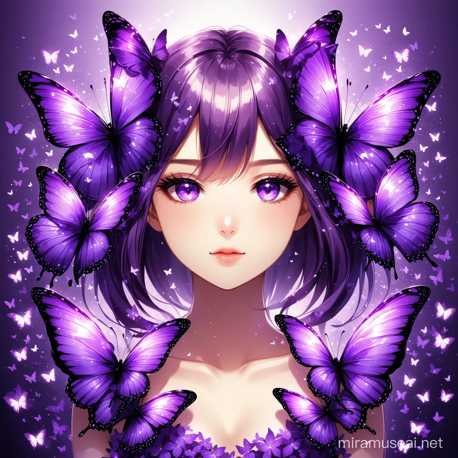 Enchanting Girl Formed by a Swarm of Purple Butterflies
