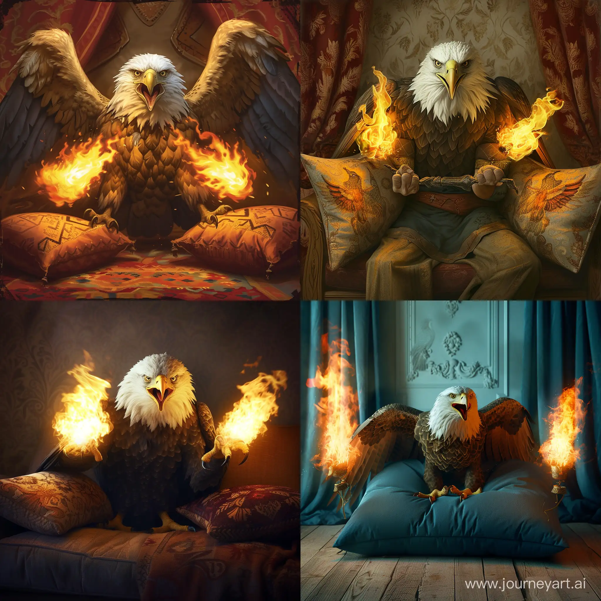 A humanoid eagle in the form of a genie who is very angry and shoots fire from two pillows