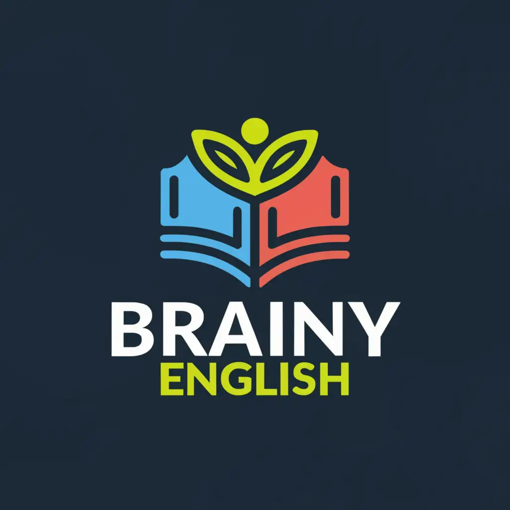 a logo design,with the text 'Brainy English', main symbol:book, growing leader, care, background: navy,Moderate,clear background