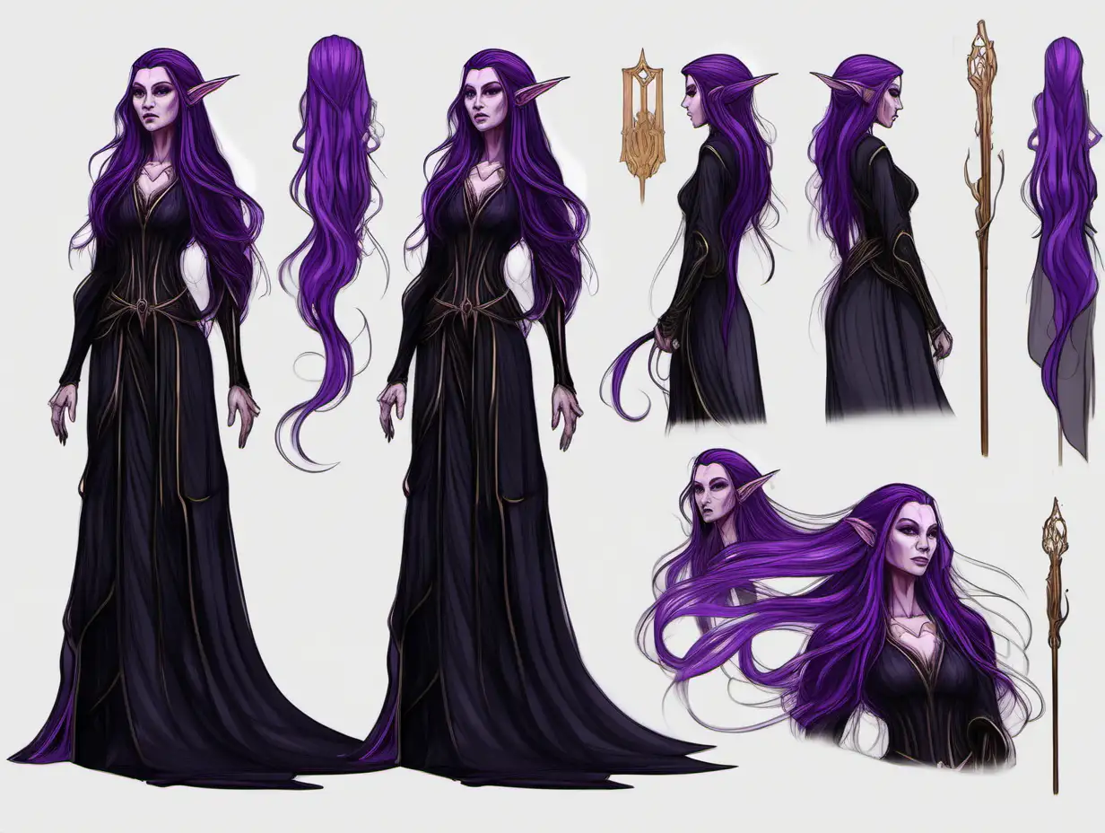 concept art of a female elf with long purple hair dressed in all black gown, staff
