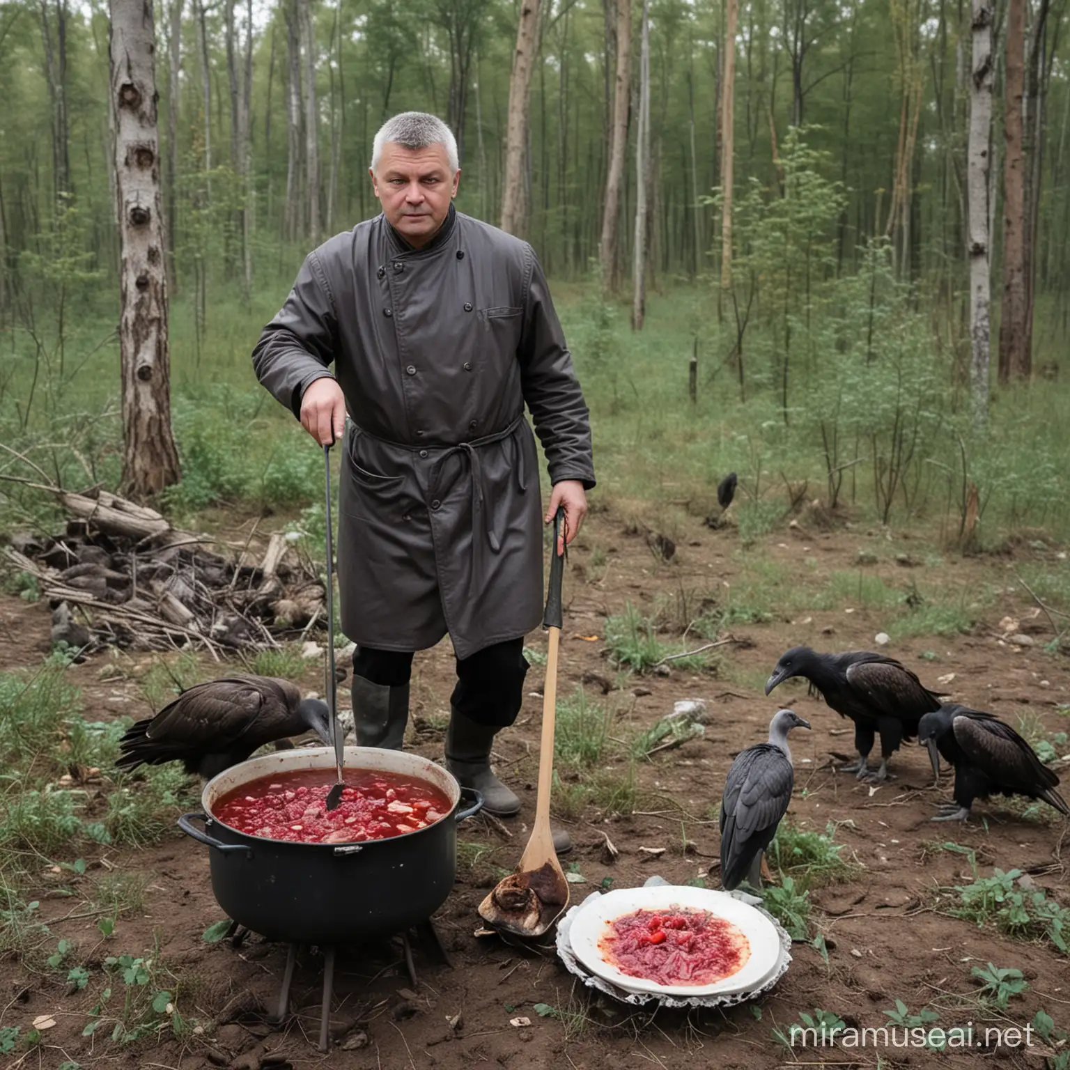 Chef Oleg Cooking Borscht Surrounded by Vultures