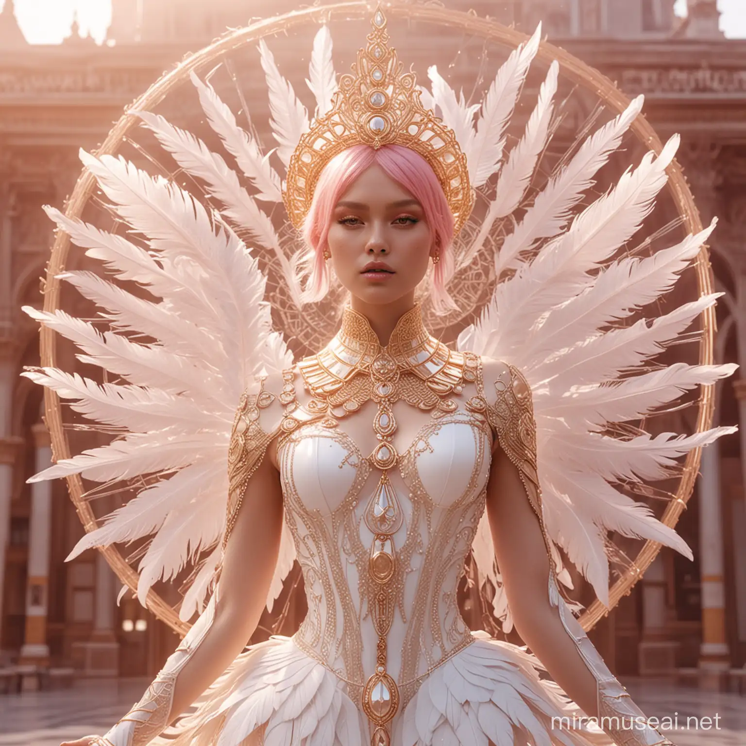 futuristic swan goddess, gorgeous, ornate epic, fantasy, in floaty minimalistic white and gold semi-transparent futuristic high-tech  swan feather dress and headwear, ethereal long pink hair, edgy metal hair-clips, golden hour pearly light, mandala, full-body, in the style of Dior, highly detailed, movie quality