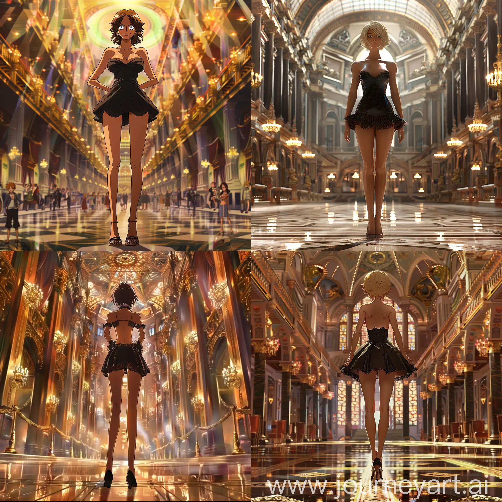 Hancock from one piece dressed in a short elegant black dress standing in the middle of a big hall, fancy background