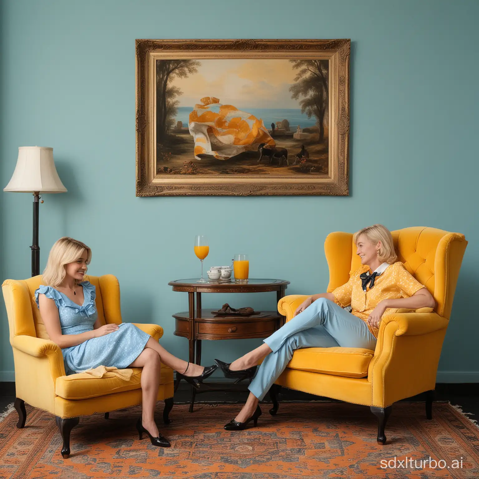 Elegant-Couple-Enjoying-Morning-Citrus-Delight-in-Vintage-Blue-Setting
