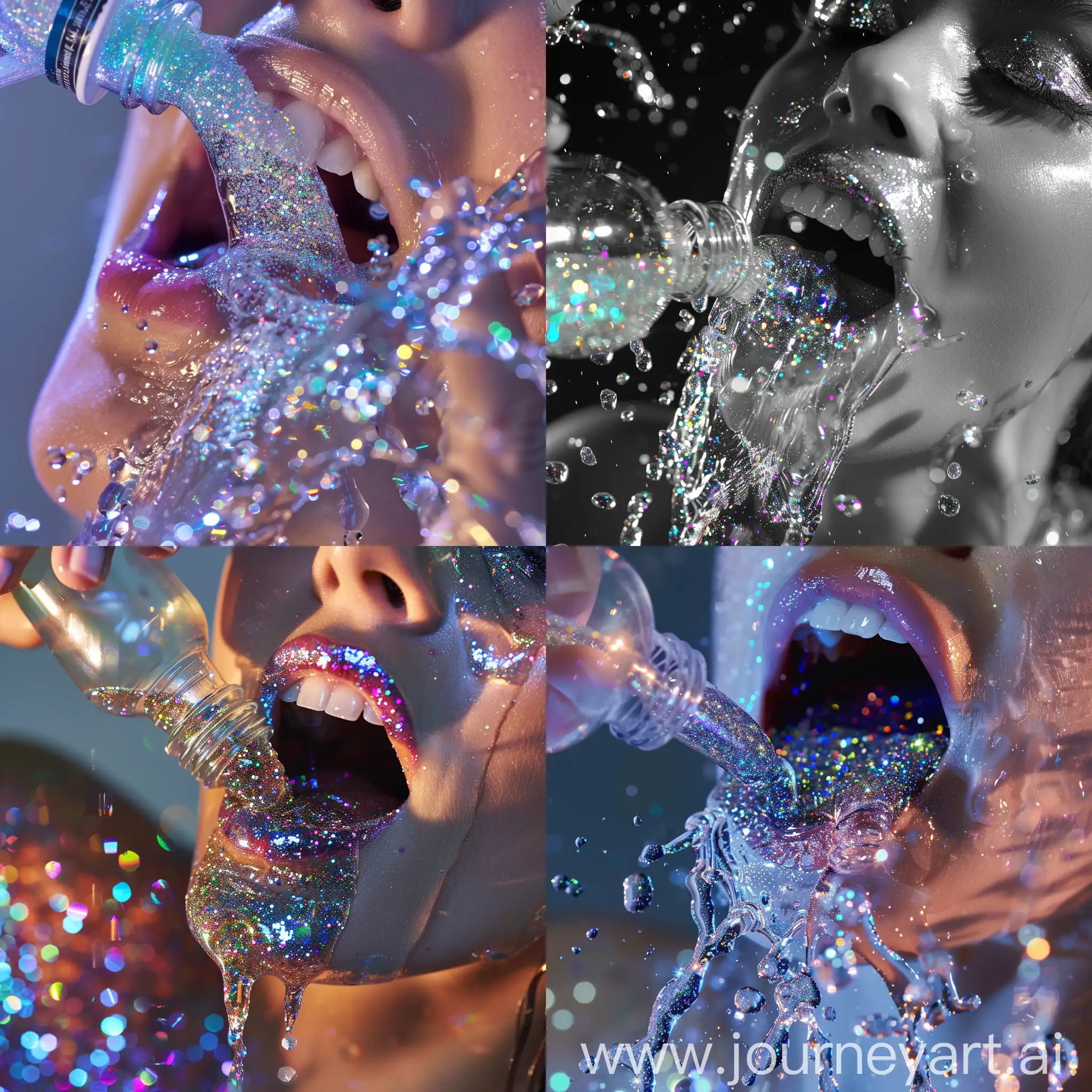 water with glitter spilling from bottle into woman's mouth
