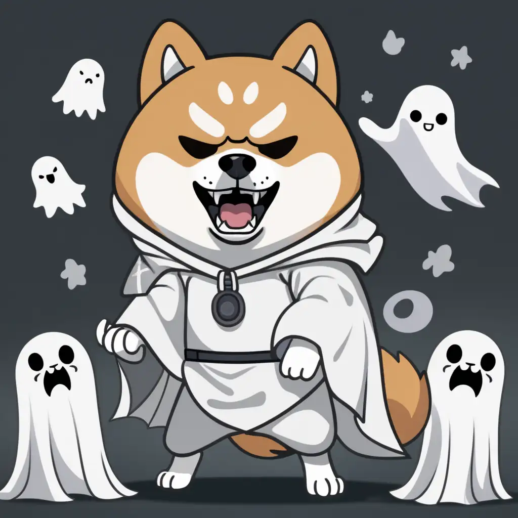 Fierce Shiba Inu Wearing Ghost Costume with Spooky Companion