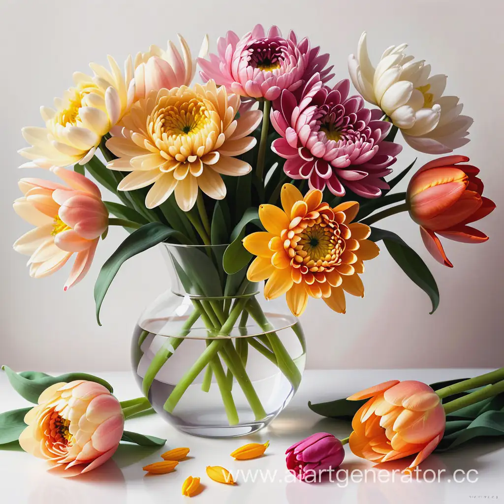 Floral-Watercolor-Art-Chrysanthemums-and-Tulips-Blooming-by-Waters-Edge