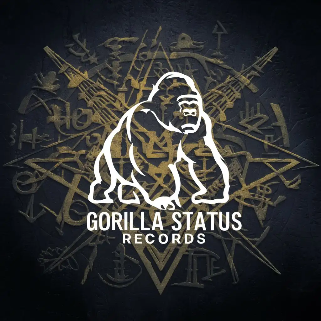 logo for "Gorilla Status Records",incorporate  freemason symbols , illuminati symbols,  ancient secret society symbols ,included in logo is outline of a gorilla