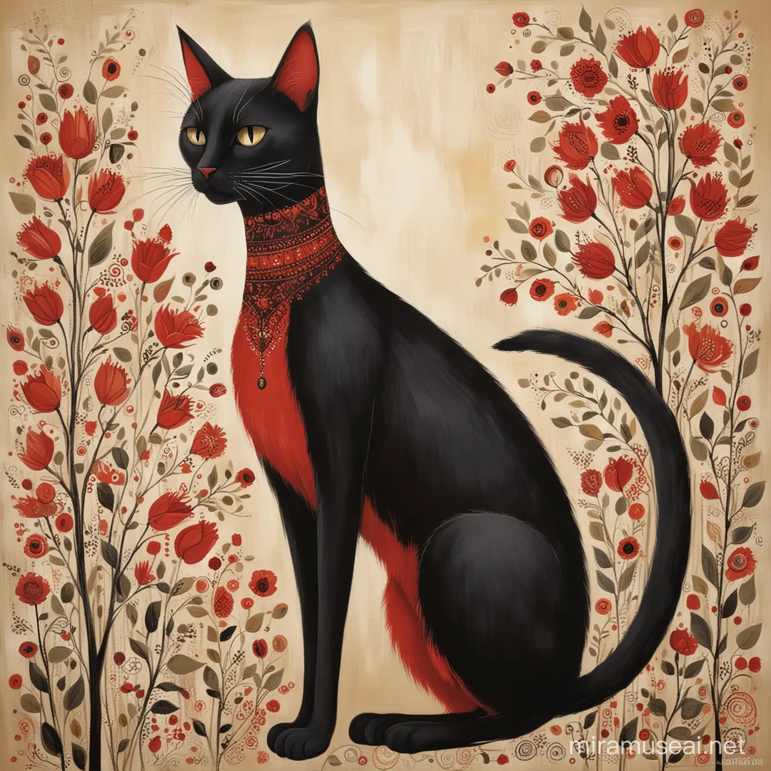 A black and red cat with a very long neck,  pale colors, romantic, detailed, illustration. Folk Art abastract karla gerard