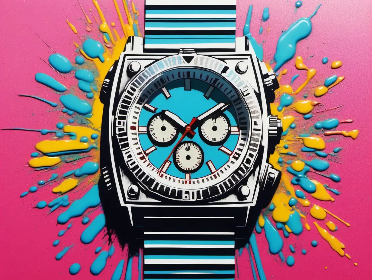 Vibrant 1990s Spray Paint Artwork with Classic Digital Watch