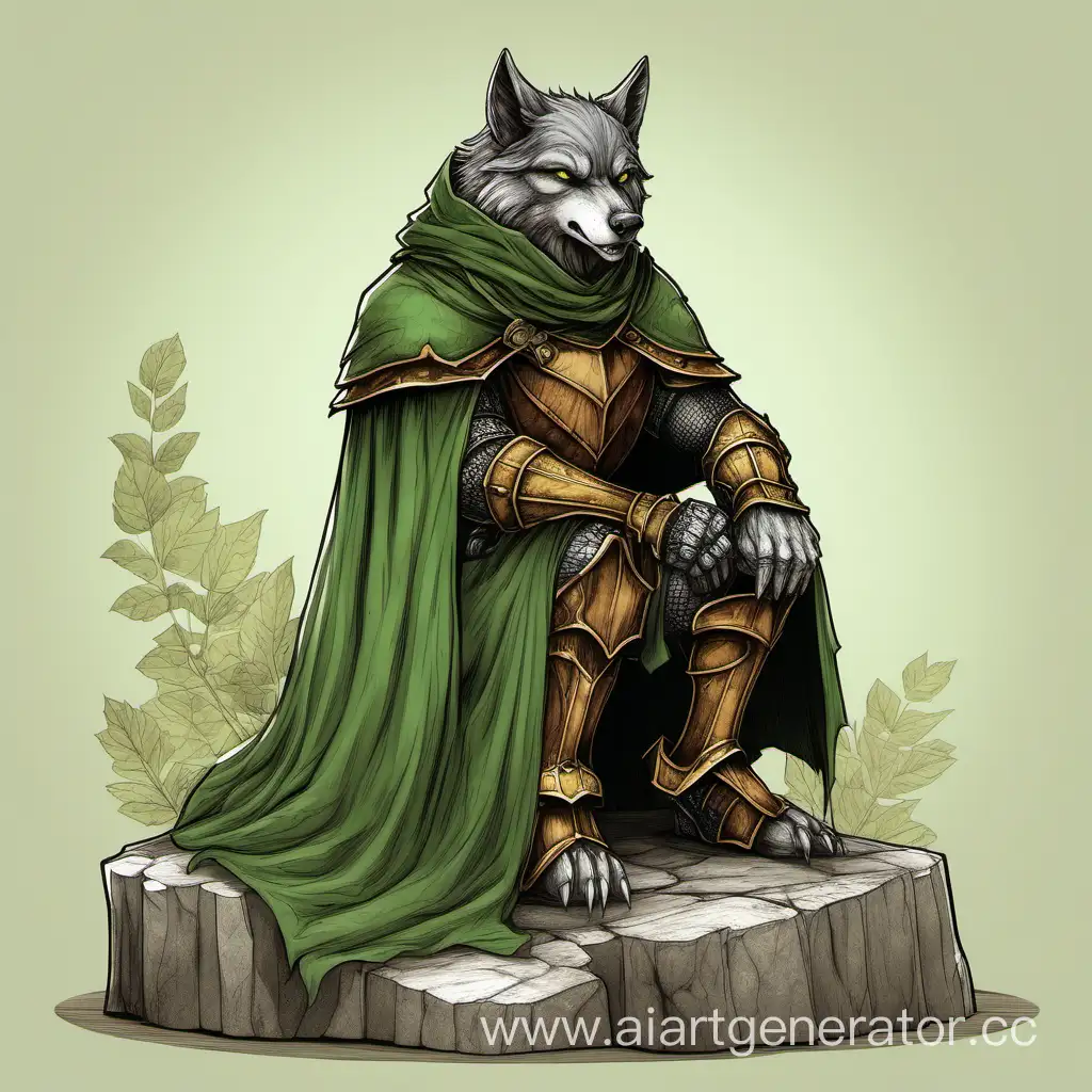 антропоморфный волк рыцарь в деревянной броне и зеленом плаще сидит на камне