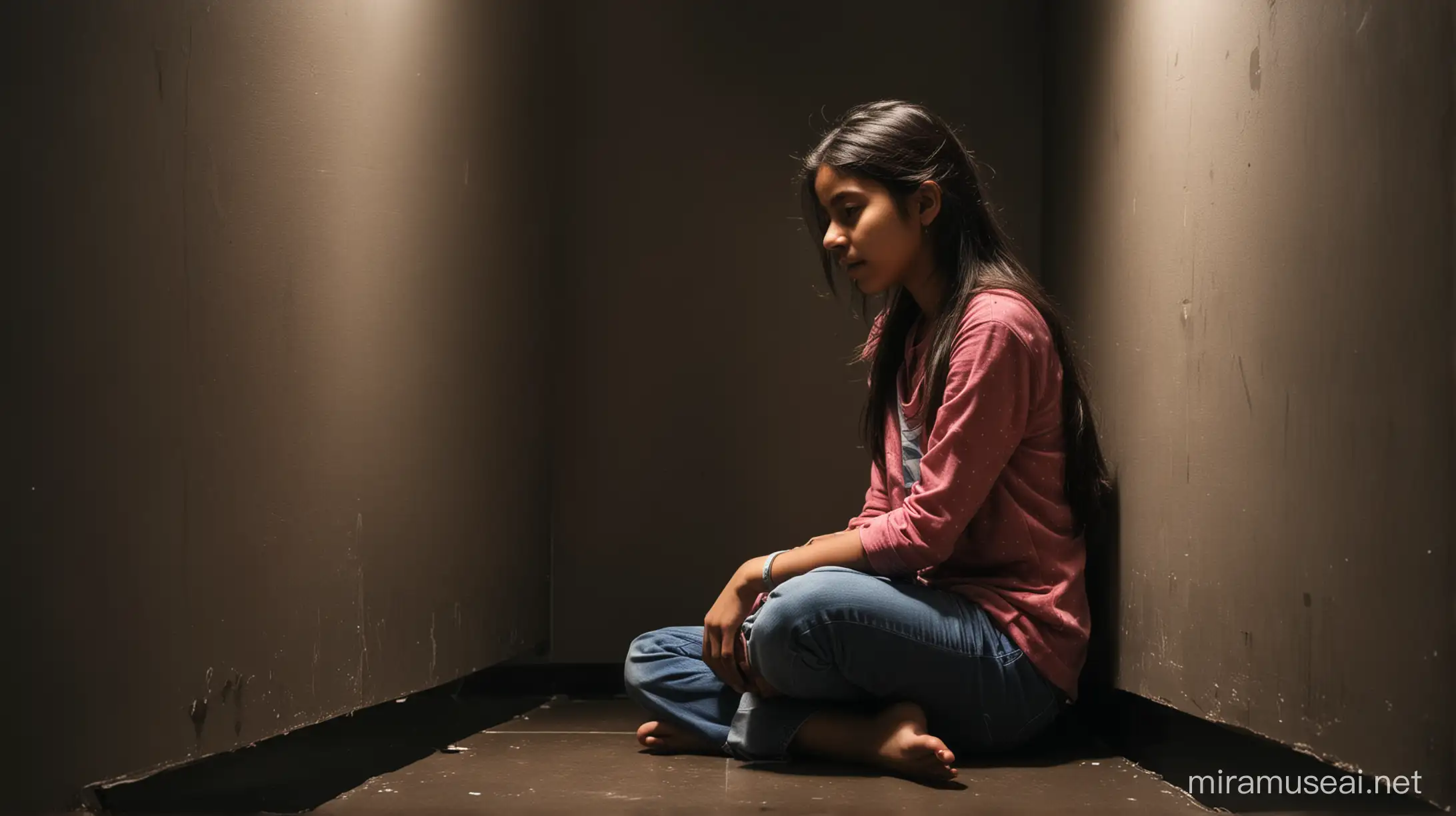 Sad Indian Teenage Girl Alone in Dark Room