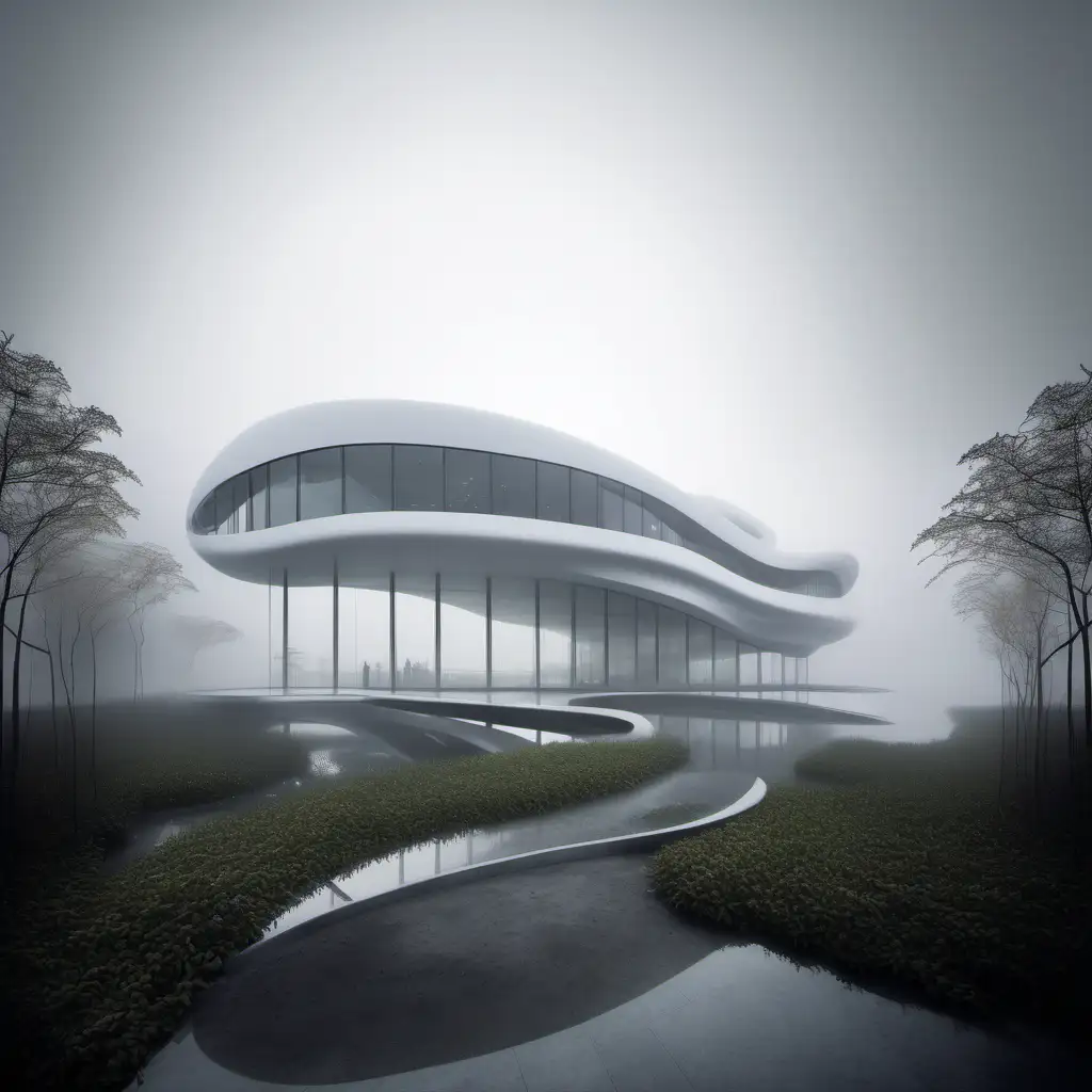 Zaha Hadid Inspired Living Building in a Foggy Island Setting