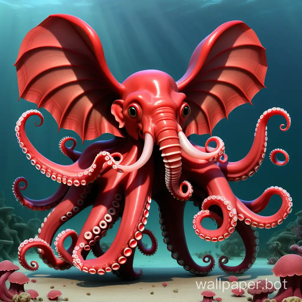 A winged scarlet and crimson ten-trunked elephant-octopus hybrid  with ten trunks and lots of of tentacles.