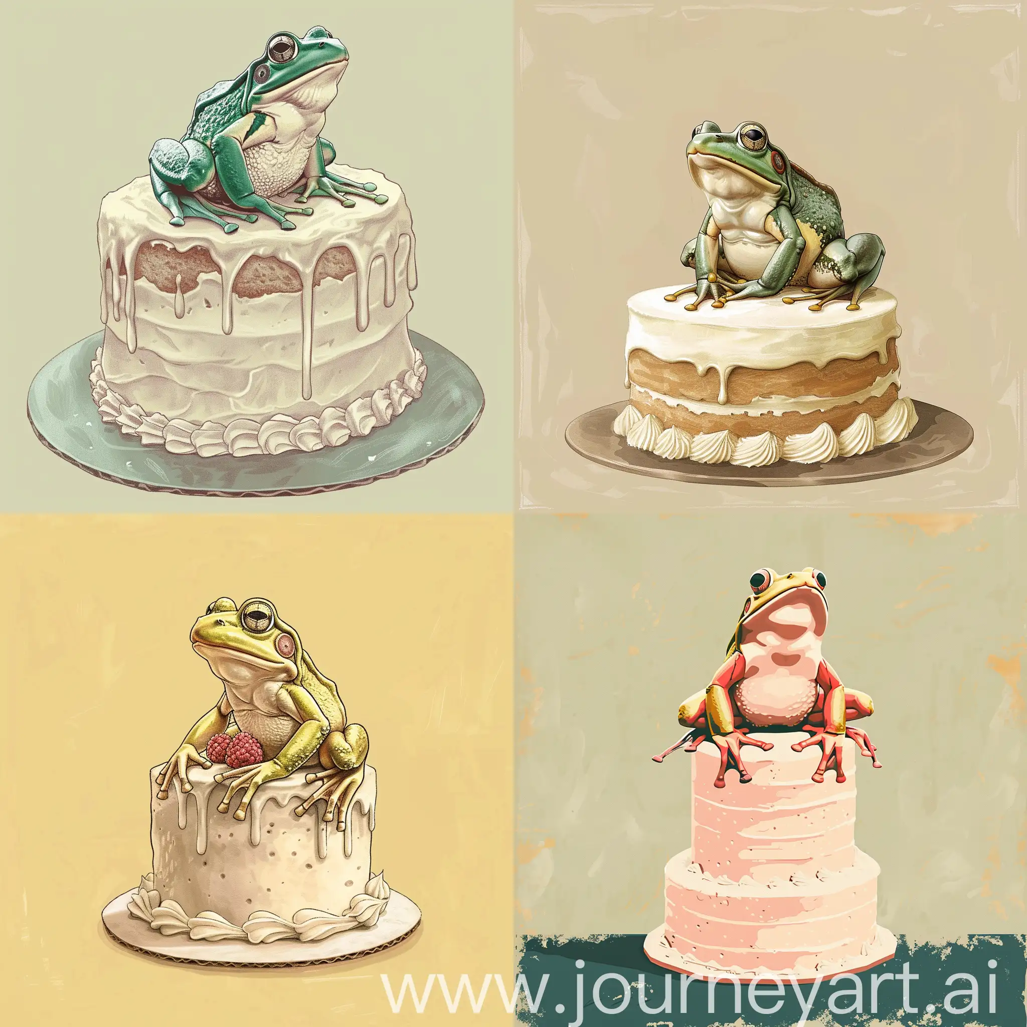 This is an illustration with a frog sitting on a cake