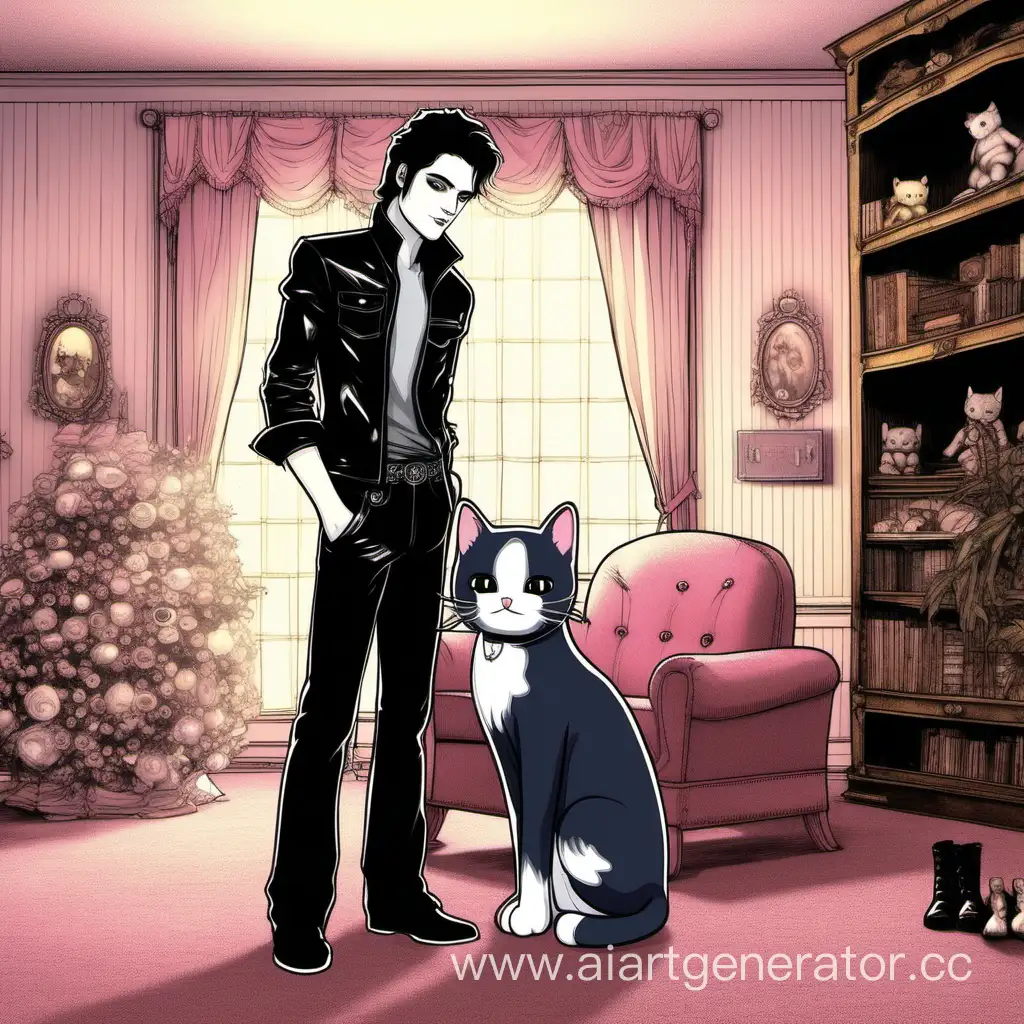 Эдвард Каллен стоит рядом с Майклом Джексоном в красивой и милой комнате, и в своих руках они держат милую кошечку Бренда «Хэллоу Китти»